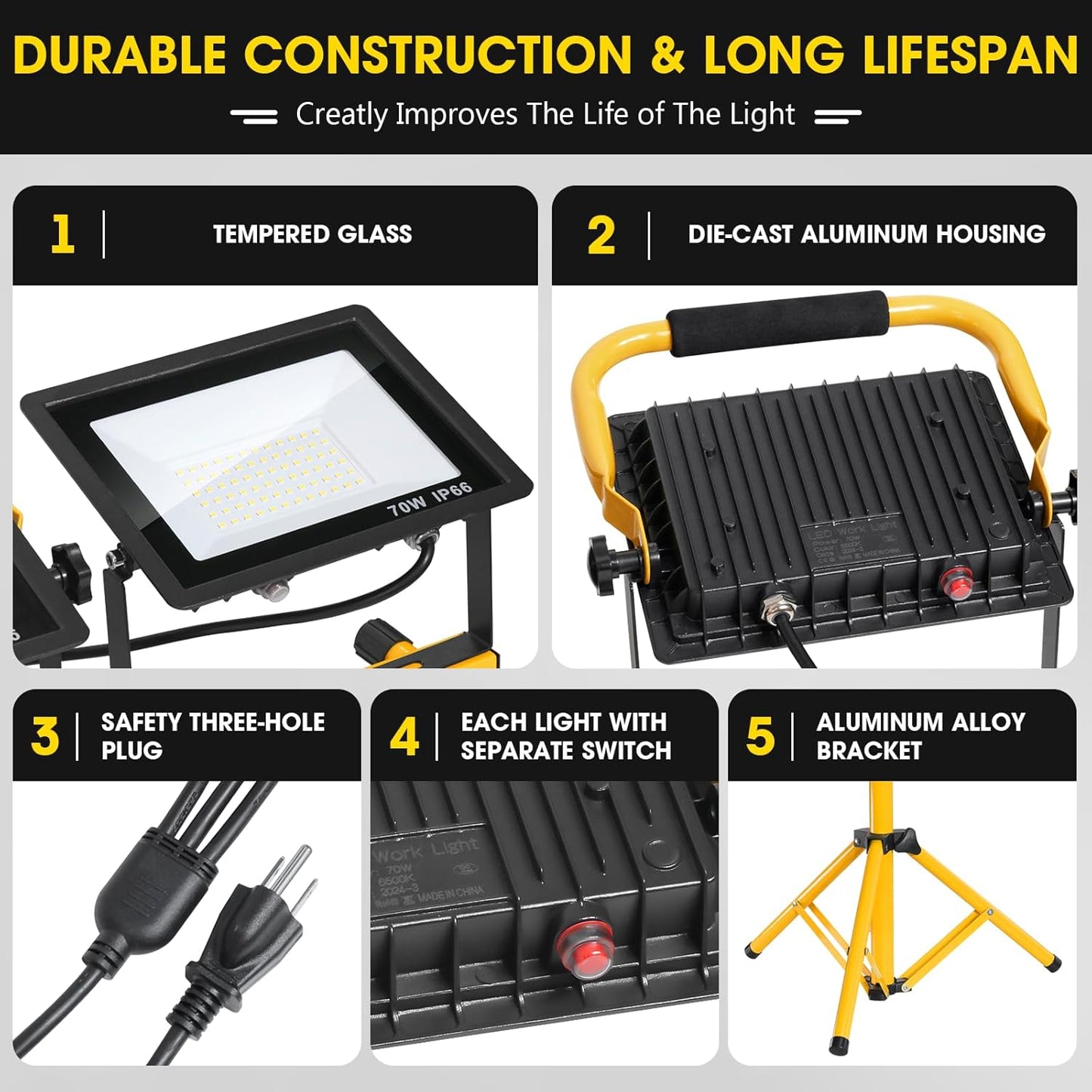 Zetunlo 21000Lumen LED Work Lights with Stand - 3 Head Portable Work Light with 16FT Cord - IP66 Waterproof Tripod Worklights for Outdoor Indoor Job Site Workshop Garage Construction Site Lighting