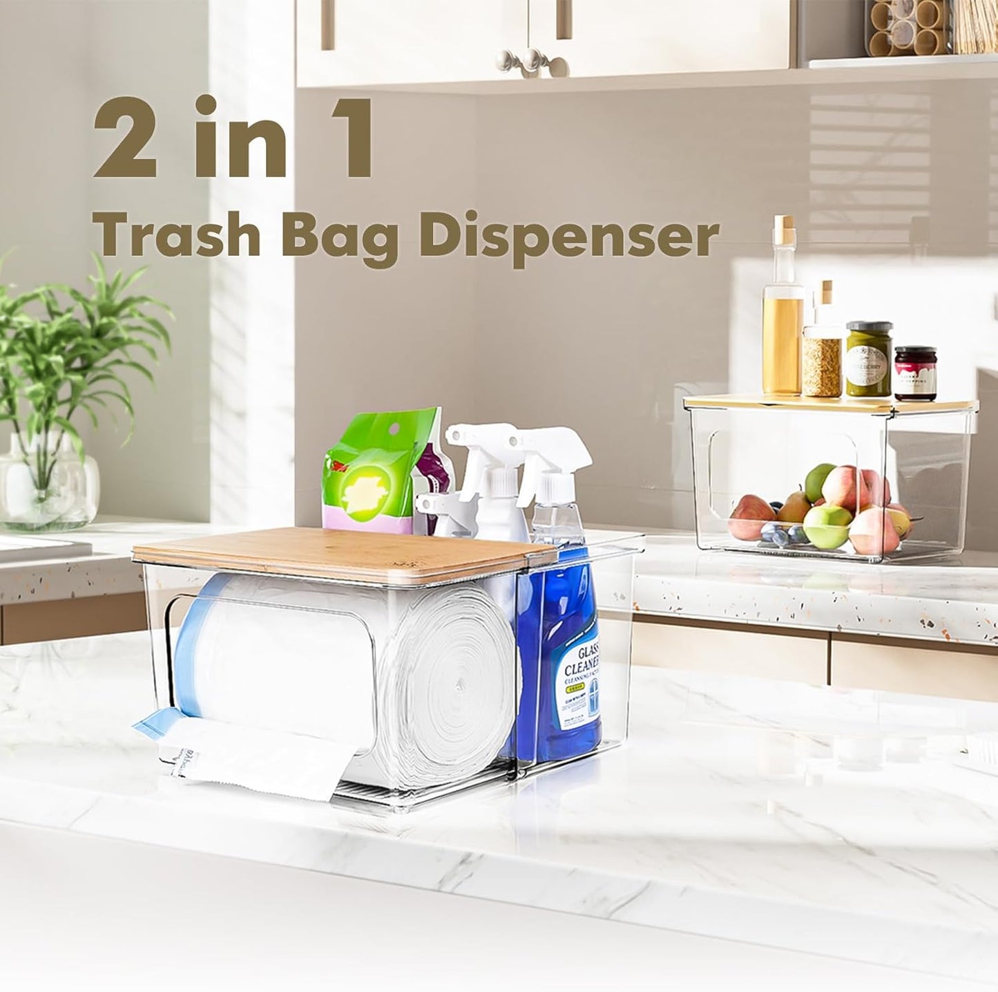 iCASA Trash Bag Dispenser Holder - 2 in 1 Acrylic Under Sink Organizer Garbage Bags Container with Bamboo Lid, Holds up to 100 Count 13/30/33 Gallon Bag Roll for Kitchen, Pantry, Laundry Room Storage