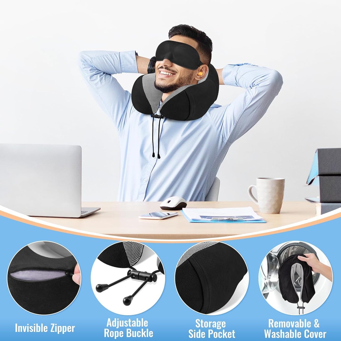 CloudBliss Travel Pillow for Airplane, Set of 2 Memory Foam Neck Pillow for Travel, Travel Neck Pillow for Long Flight, Car & Office, Trip Accessories with Eye Mask, Earplugs, Carry Bag, Black & Black