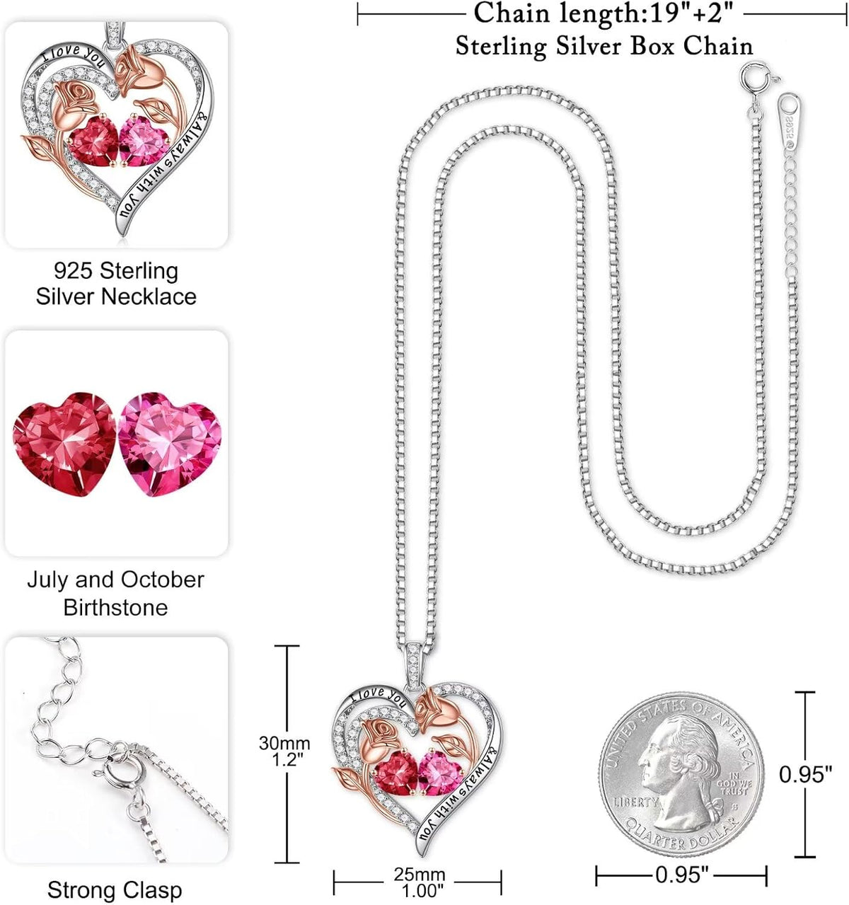 Iefil Birthstone Necklace for Women - Rose Heart Necklace