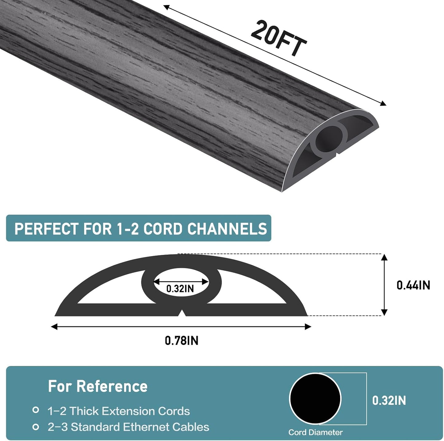 LSGCQ Floor Cord Cover Self Adhesive Cord Hider Floor Cable Management | Cord Covers for Wires on Floor Cable Cover, Prevent Cable Trips, Cable Cavity 0.32" W x 0.32" H, 20Ft, Deep Grey Wood
