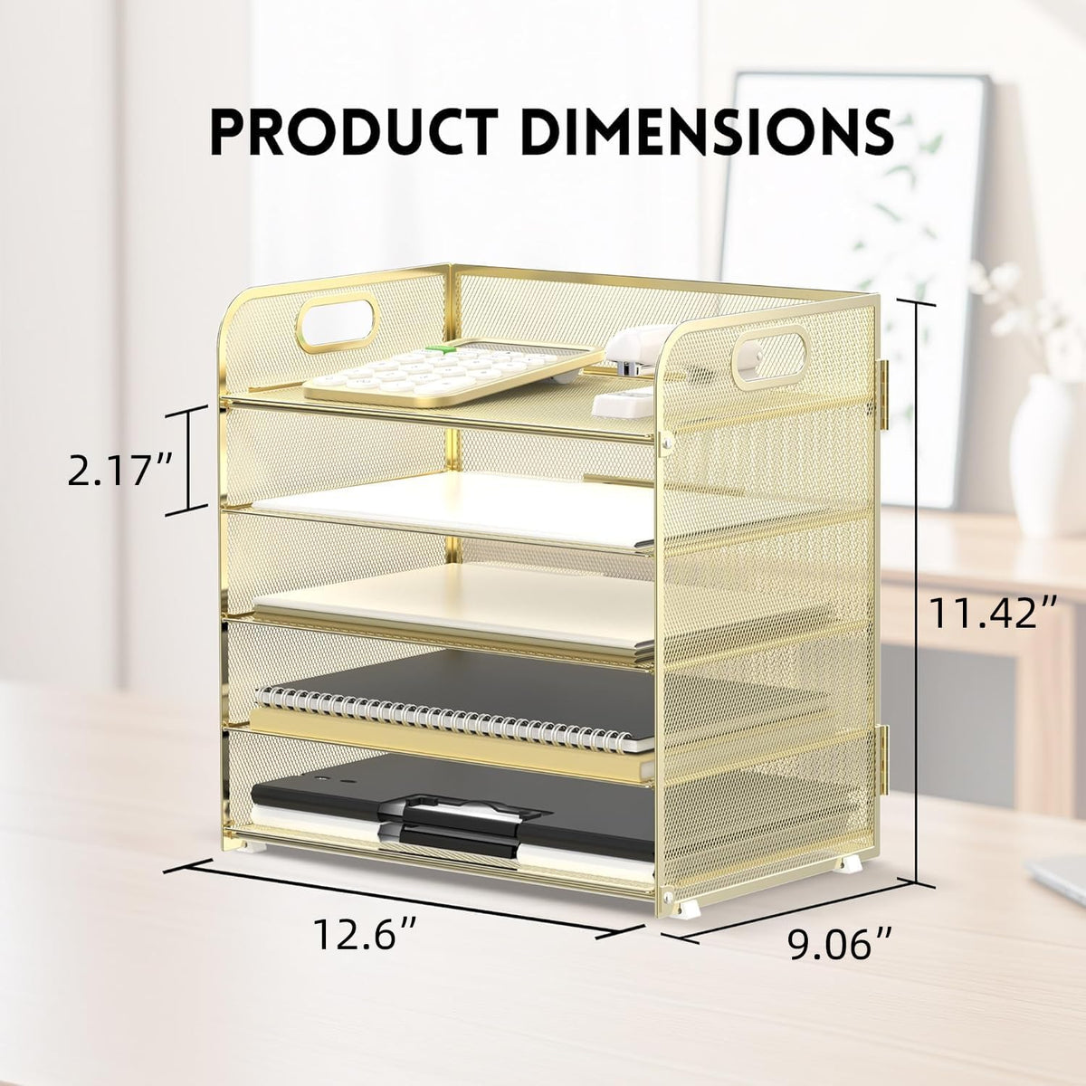 Supeasy 5 Trays Paper Organizer Letter Tray with Handle-Mesh Desk File Organizer, Paper Sorter Desk Organizer for Office, Home or School (Golden)