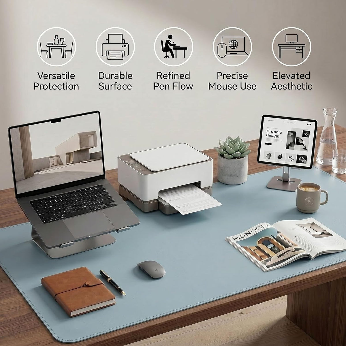 Large Desk Pad Non-Slip Desk Mat Protector for Keyboard Mouse Waterproof Vegan Leather Surface Faux Leather Laptop Mat Smooth Mouse Pad Premium Gift Tube Morning Fog Blue 35" x 17"