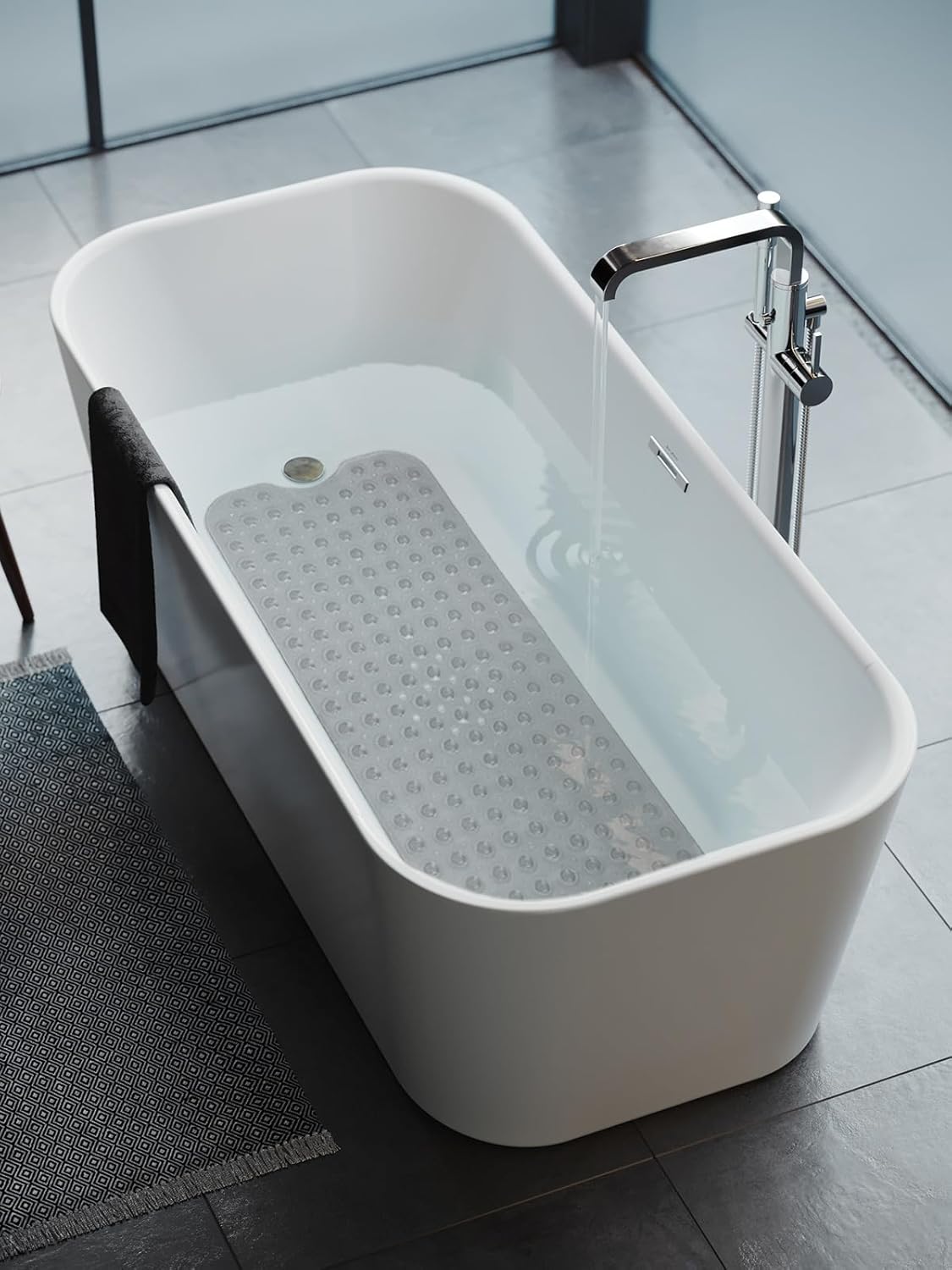 Bathtub and Shower Mats, Extra Long Non-Slip Bath Tub Mat 39 x 16 Inch, Machine Washable Bathmat with Suction Cups & Drain Holes for Bathroom Floor, Clear Grey