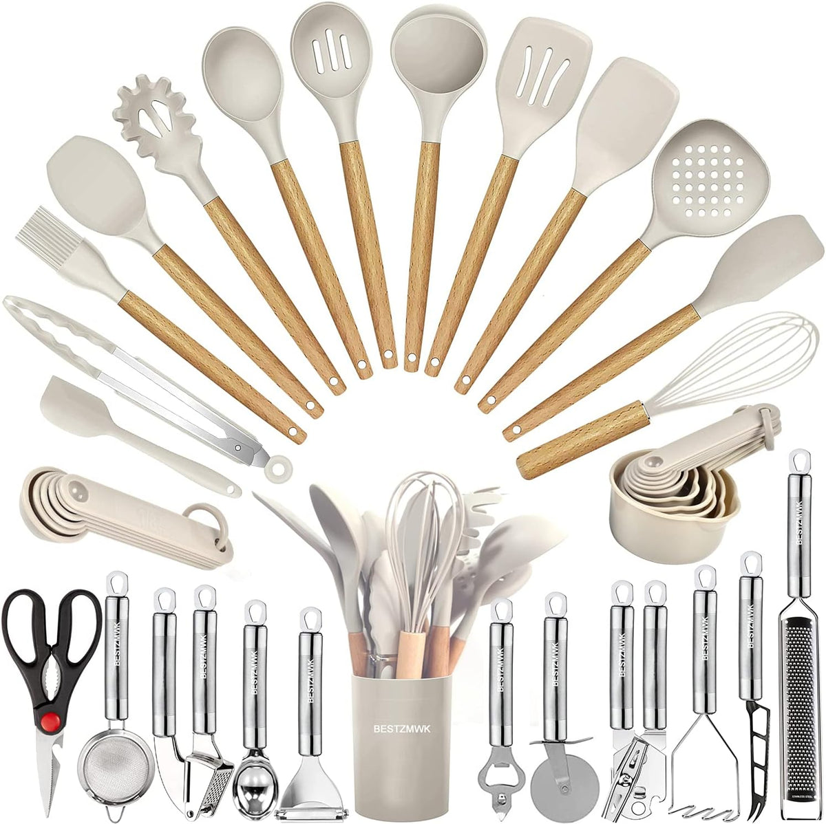 Cooking Utensils Set- 35 PCs Kitchen Utensils with Grater,Tongs, Spoon Spatula &Turner Made of Heat Resistant Food Grade Silicone and Wooden Handles Kitchen Gadgets Tools Set for Cookware