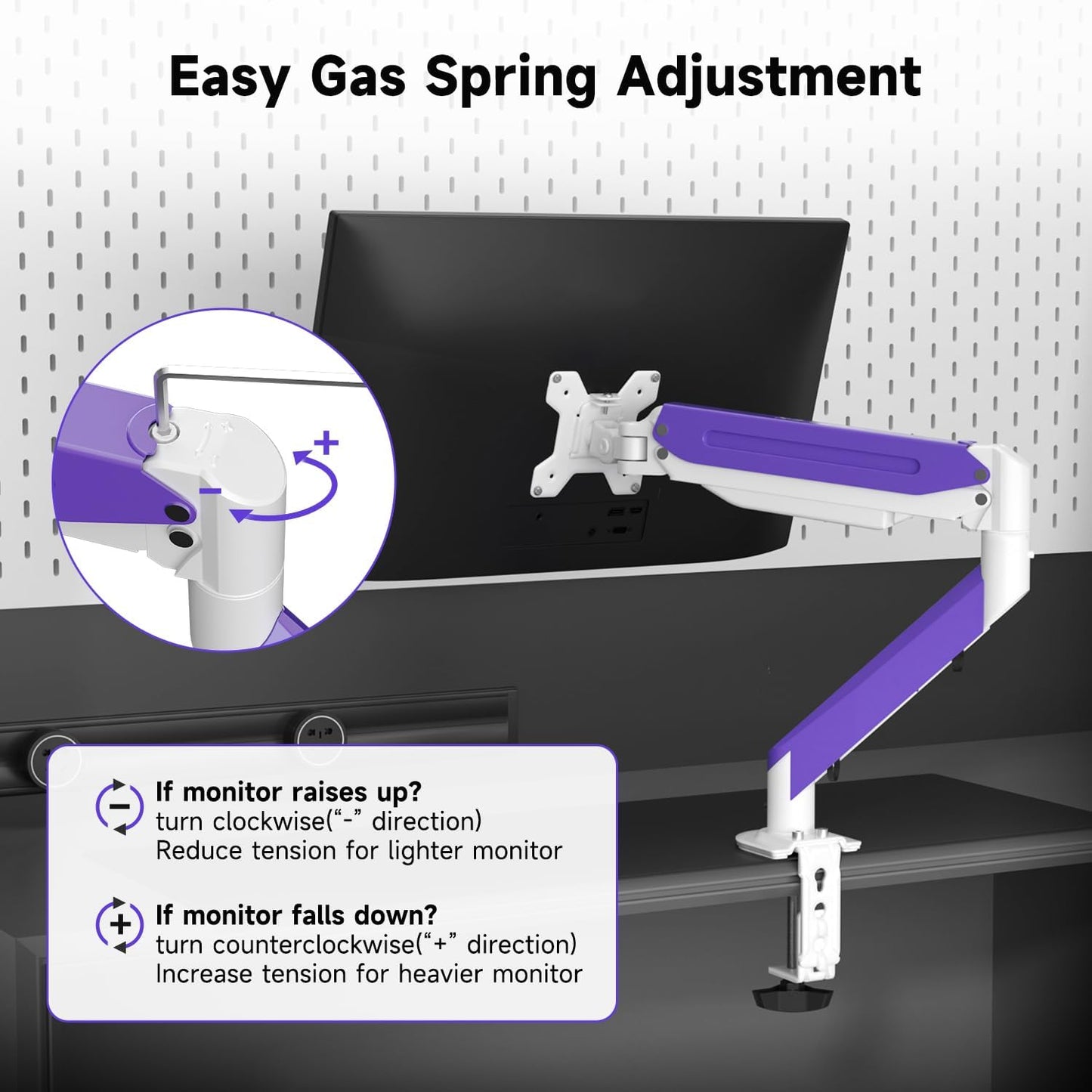 Suptek Monitor Mount Gas Spring Monitor Arm Desk Mount Fully Adjustable Fits 17 20 22 23 24 26 27 32 35 inch Monitors Weight Capacity up to 24.25 lbs (White+Purple, 17"-35")