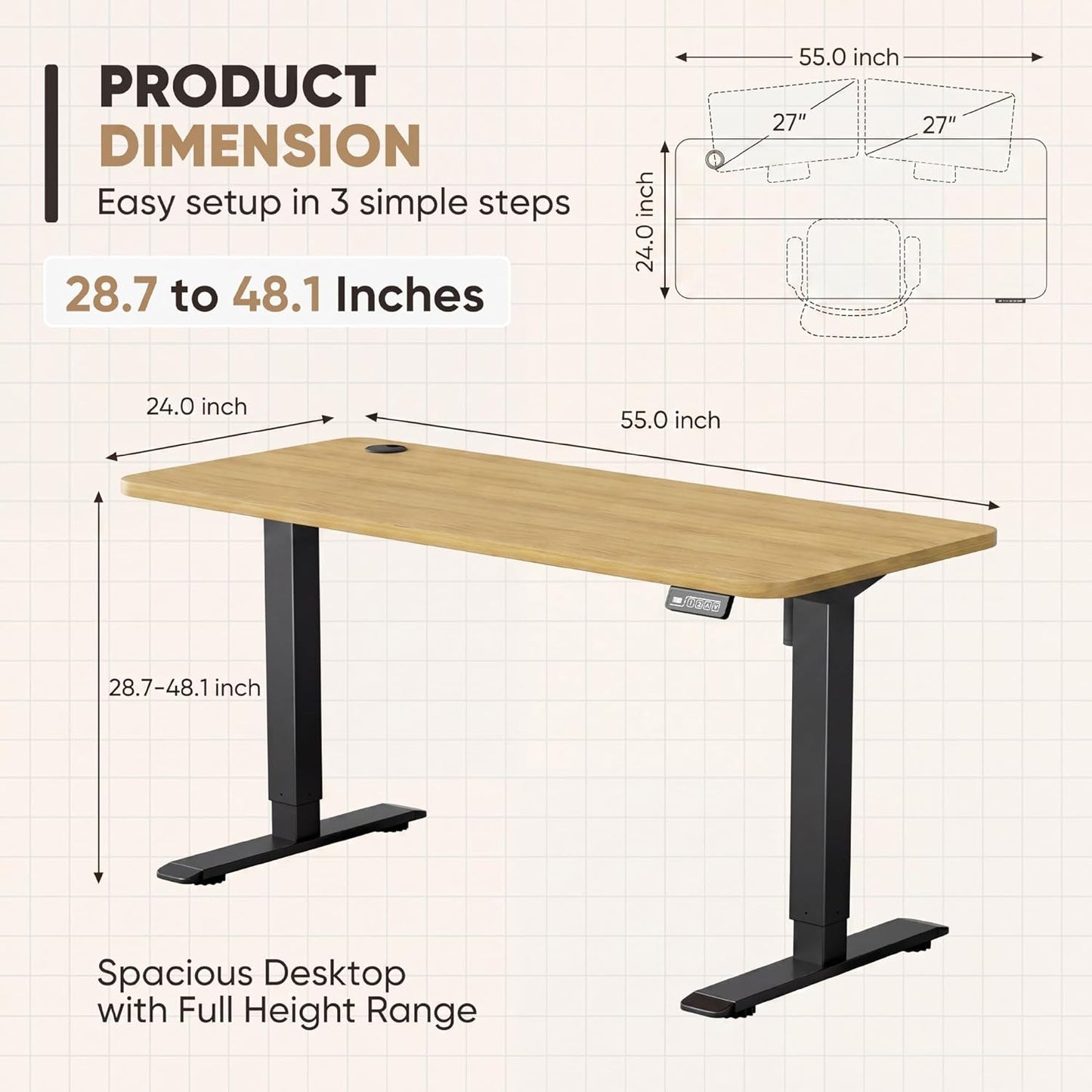 Furmax Electric Height Adjustable Standing Desk Large 55 x 24 Inches Sit Stand Up Desk Home Office Computer Desk Memory Preset with T-Shaped Metal Bracket, Maple