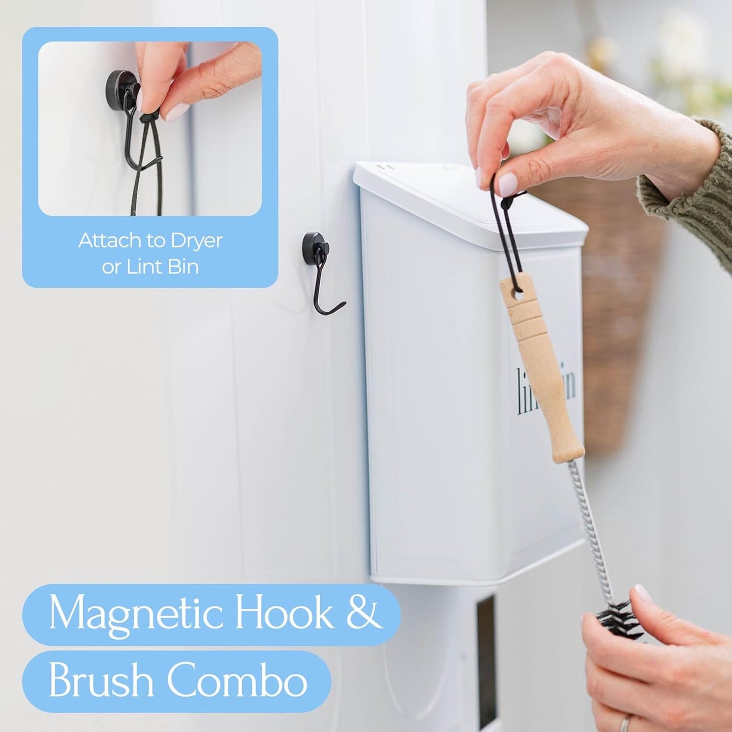 Magnetic Laundry Lint Bin for Dryer | Wall-Mounted Small Trash Can for Laundry Room | Includes Magnetic Hook & Lint Brush | Space-Saving Magnetic Laundry Trash Can | Matte White
