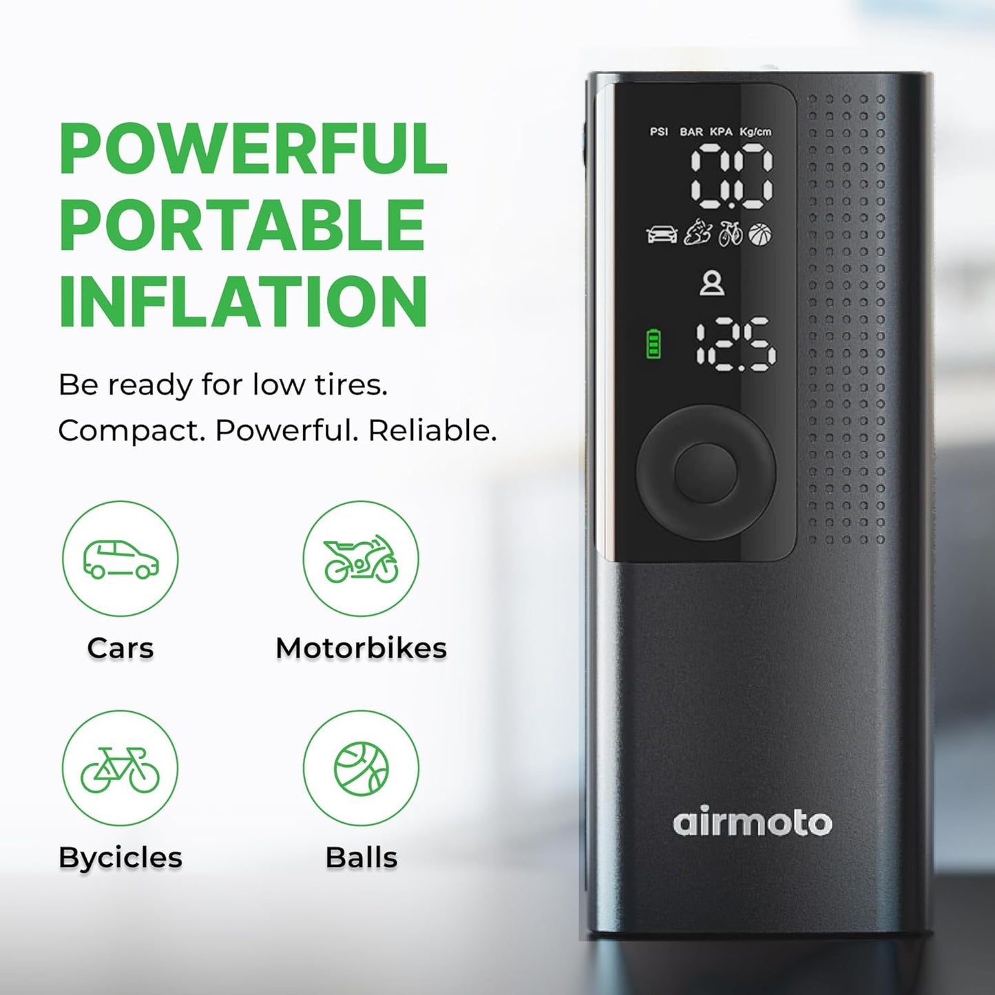 Airmoto Tire Inflator Portable Air Compressor - Air Pump For Car Tires with Digital Pressure Gauge, LED Light and Auto Shut-Off Function - Cordless Pump for Car, Motorcycle, Bicycle, Ball