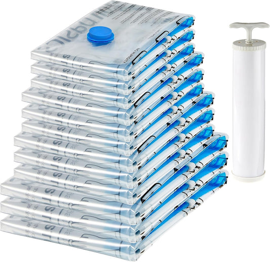 Amazon Basics Vacuum Storage Bags with Hand Pump for Travel, Space Saving Compression Bags for Clothes and Blankets, Clear, 12 Pack (3 Small, 3 Medium, 3 Large & 3 Jumbo)