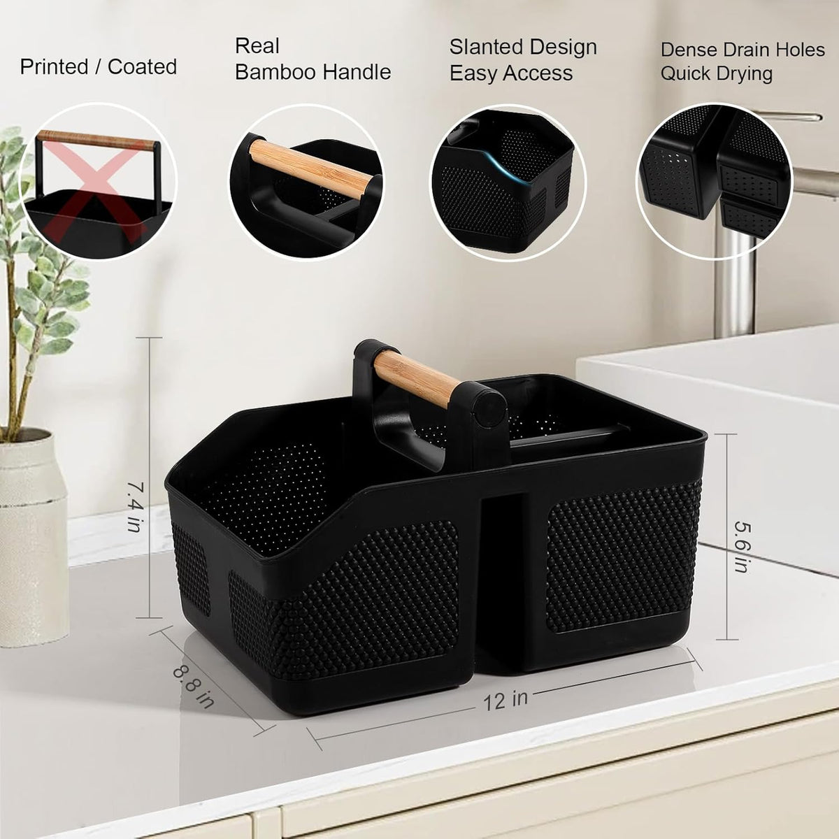 rejomiik Shower Caddy Portable with Bamboo Handle, Plastic Basket Cleaning Caddy Organizer Storage Tote for Bathroom, College, Dorm Room Essentials, Black