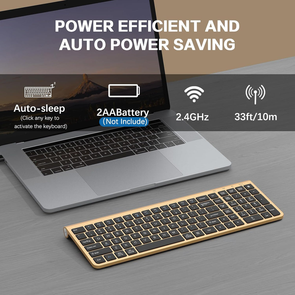 JOYACCESS Black Gold Wireless Keyboard with Low-Profile Keys - 2.4GHz Full-Sized,Windows & Mac OS, Quiet,Ergonomic Keyboard for Computer, Laptop, PC, Mac,Windows- Gold