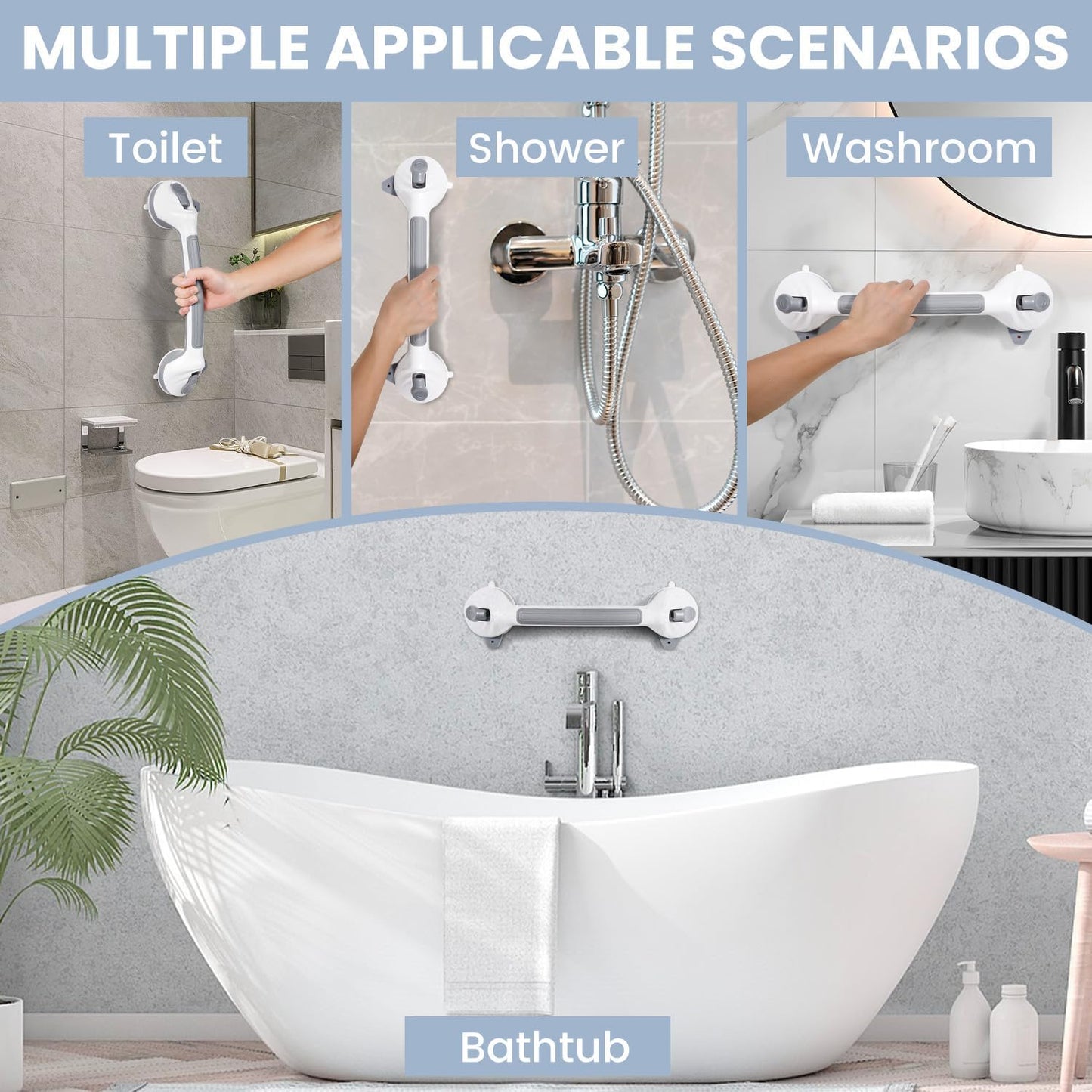 Reyiu Grab Bars for Shower, 16.5 Inch Shower Handle with Safety Indicators, Suction Cup Bathroom Grab Bar for Elderly, Seniors, Handicap - No Drill, Waterproof, Removable (2 Pack)