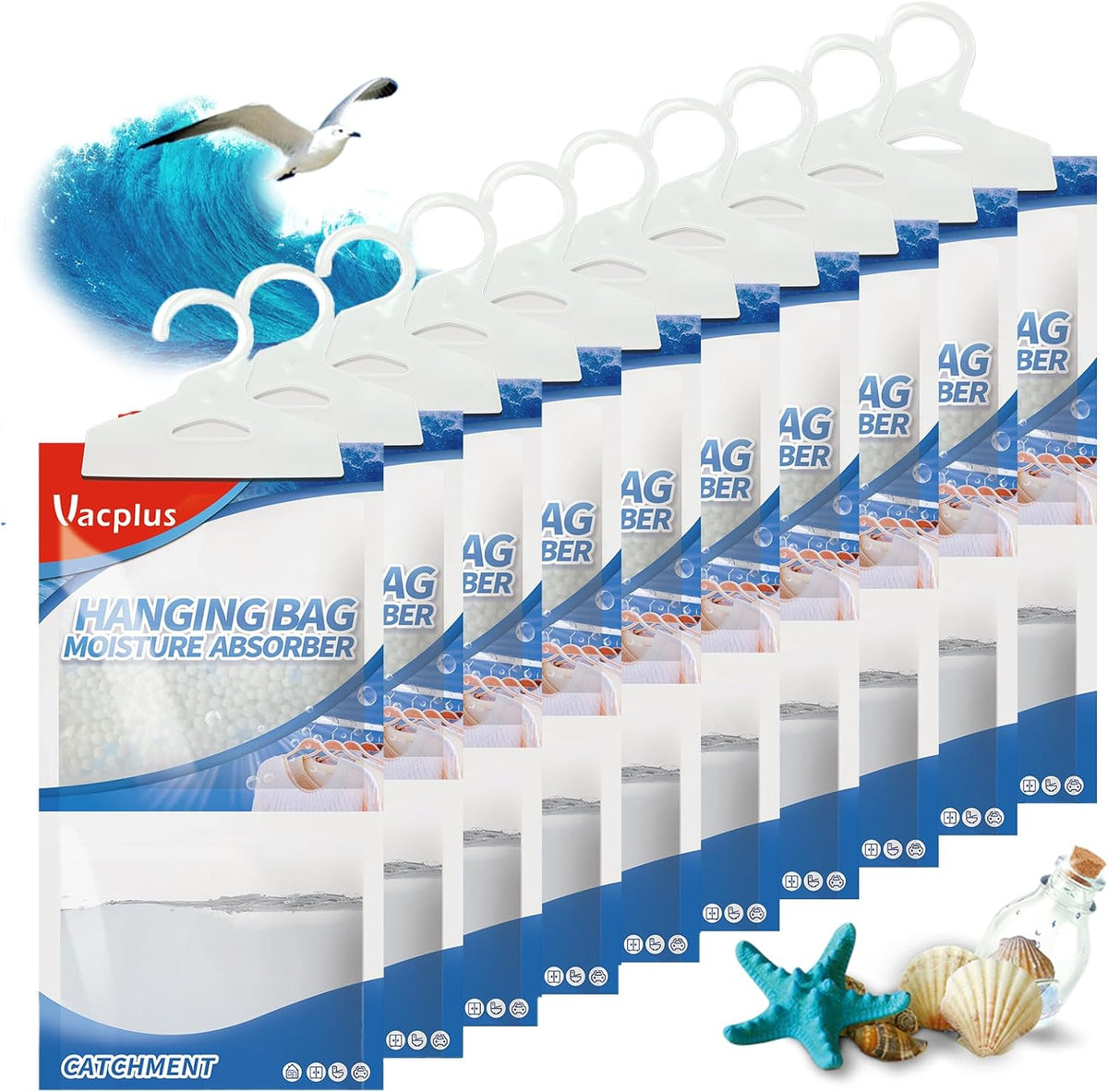 10 Pack, Vacplus Moisture Absorbers, Hanging Closet Dehumidifier Bags, Humidity Packs, Desiccant, with Linen Fragrance, 14.0OZ