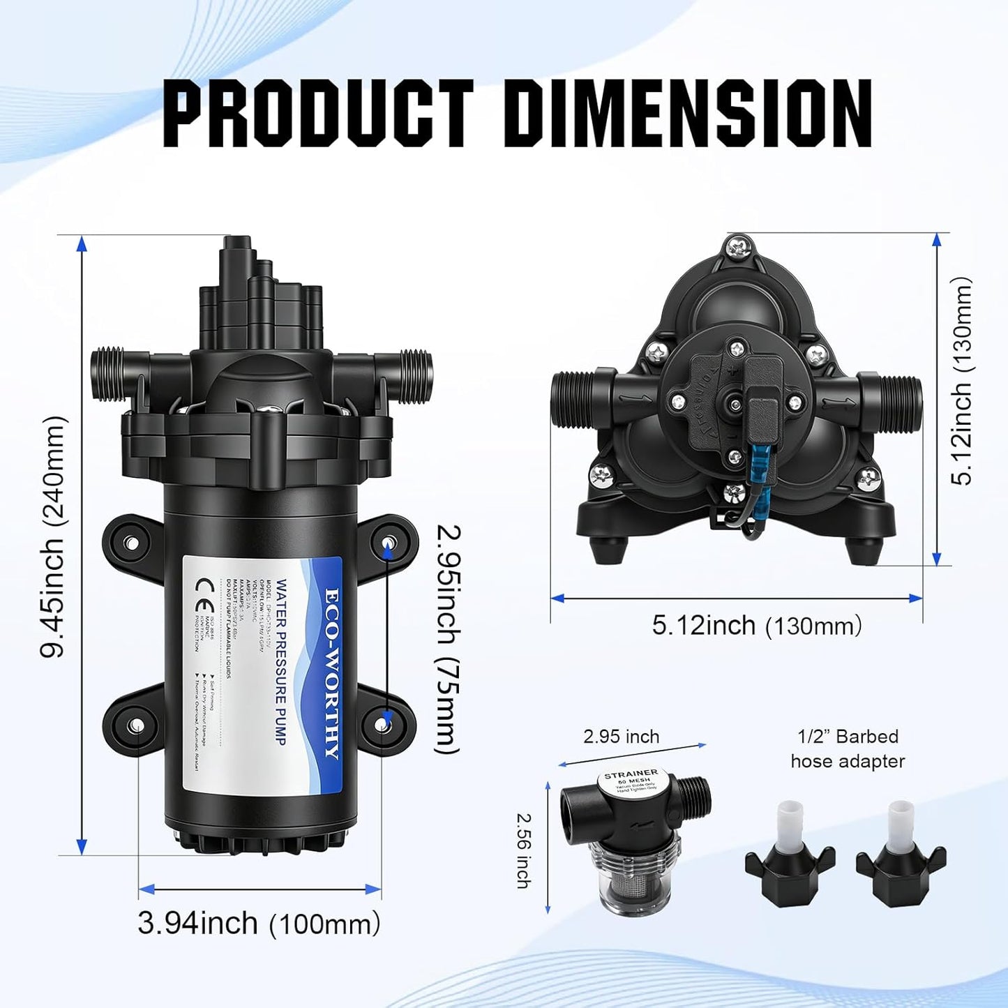 ECO-WORTHY 33-Series Industrial Water Pressure Pump 110V AC 4.0GPM 50PSI RV Fresh Water Diaphragm Pump include Garden Hose Adapters for Irrigation Marine Boat Sprinkler Faucet