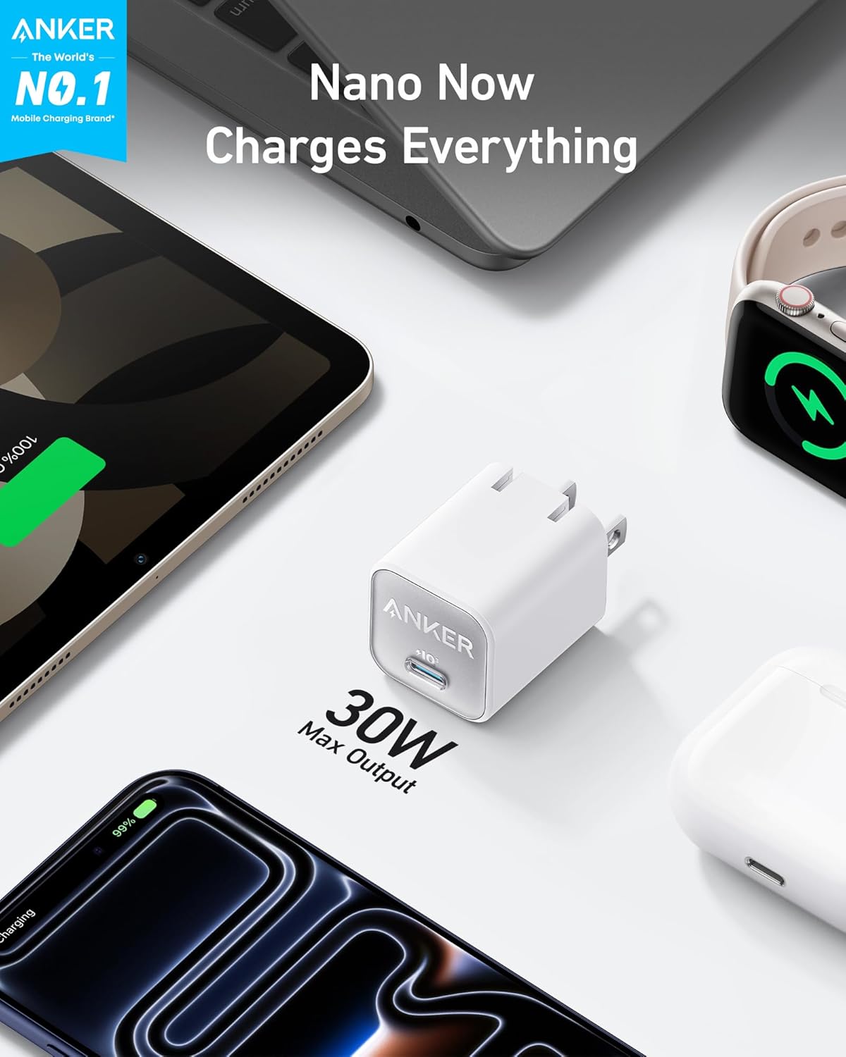 Anker Nano Phone Charger, USB C GaN Charger 30W, PIQ 3.0 Foldable PPS Fast Charger USB C for iPhone 17 / 16 and more series, Galaxy, iPad, Compatible with MagSafe