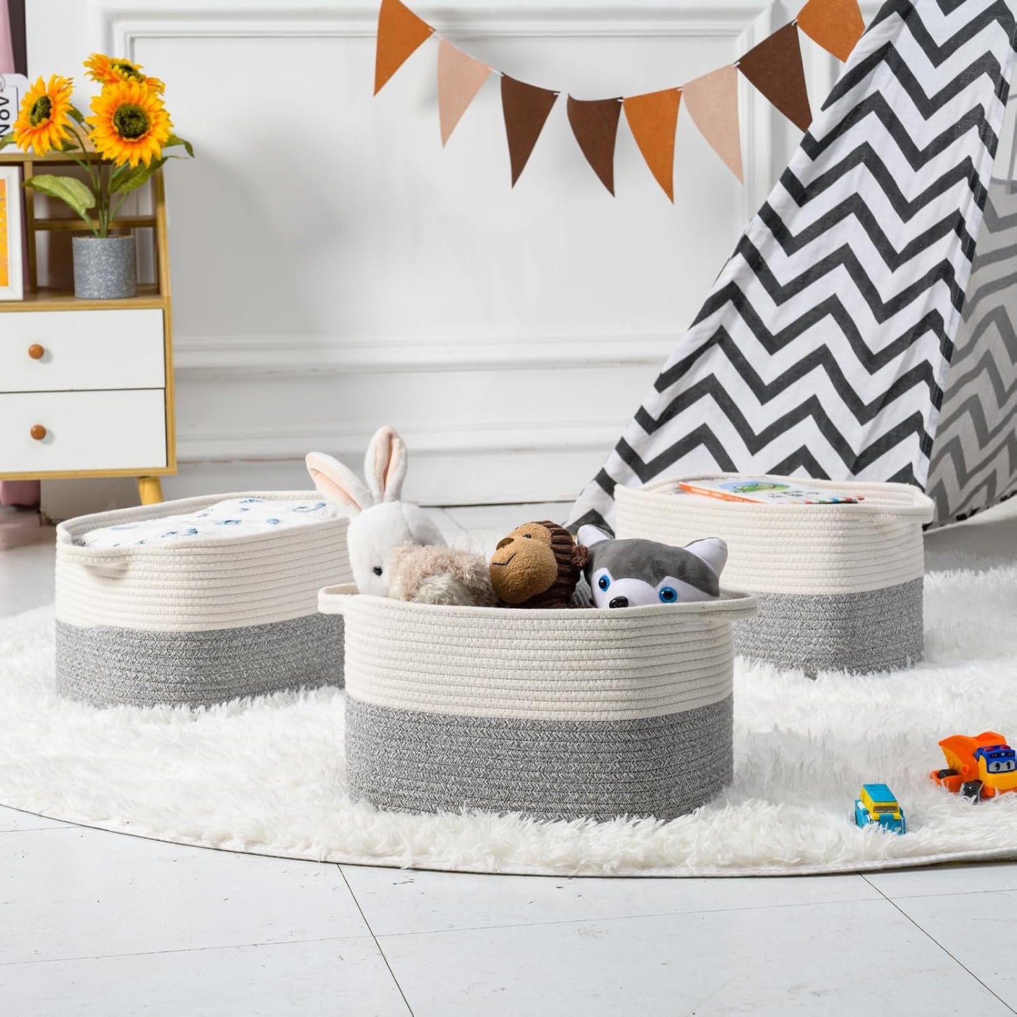 DUHEL Cotton Rope Woven Storage Basket(White&Grey-3PCS) | Used for Baby Hamper Toy Organizer, Gift Baskets Empty,Kids,Baby,nursery. Size 15x10x8.7 Inches.