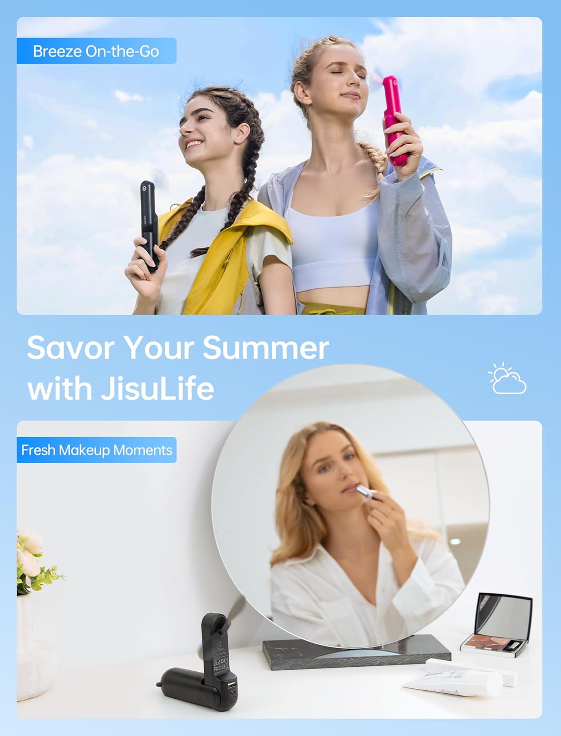 JISULIFE 3 IN 1 Handheld Mini Fan - Portable Fan & Power Bank & Flashlight, 19H Max Cooling, USB Rechargeable, Pocket-Sized for Travel, Cruise, Concerts, Makeup, 2026 Summer Gifts for Women(Black)