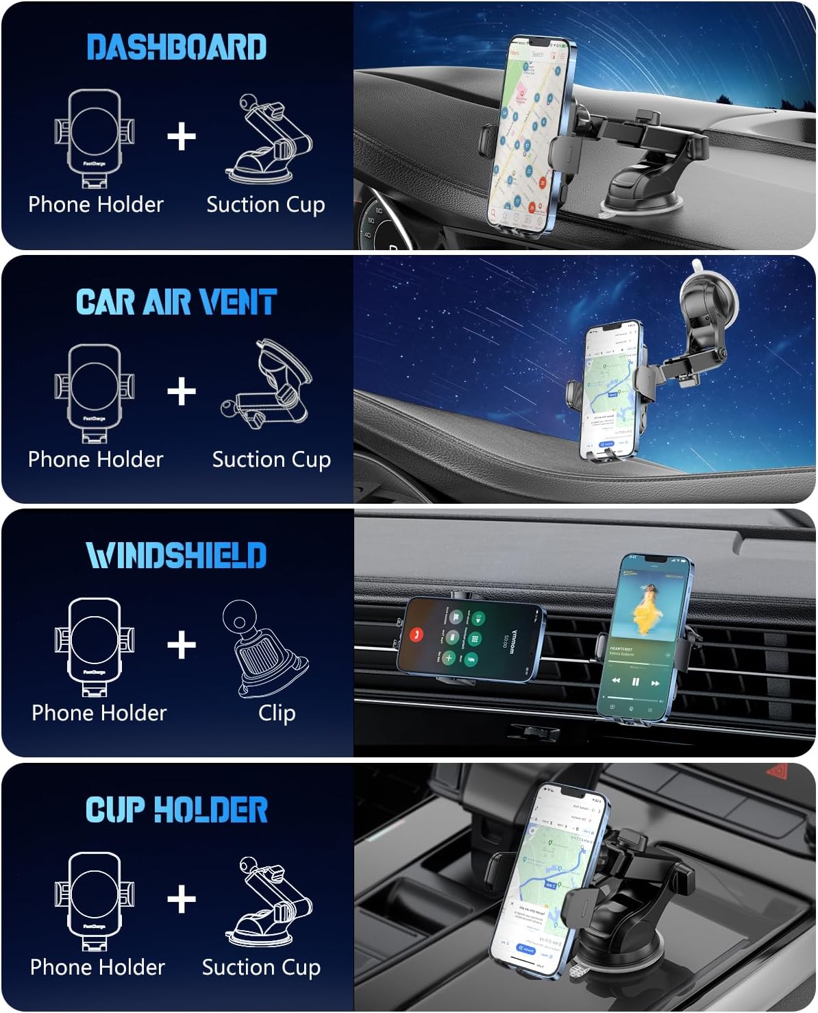 BothLin 3-in-1 Wireless Car Charger Mount, 15W Fast Charging Auto-Clamping Phone Holder for iPhone 17 16 15 14, Samsung Galaxy S24 S23, Dashboard, Vent & Windshield Car Mount(Black)