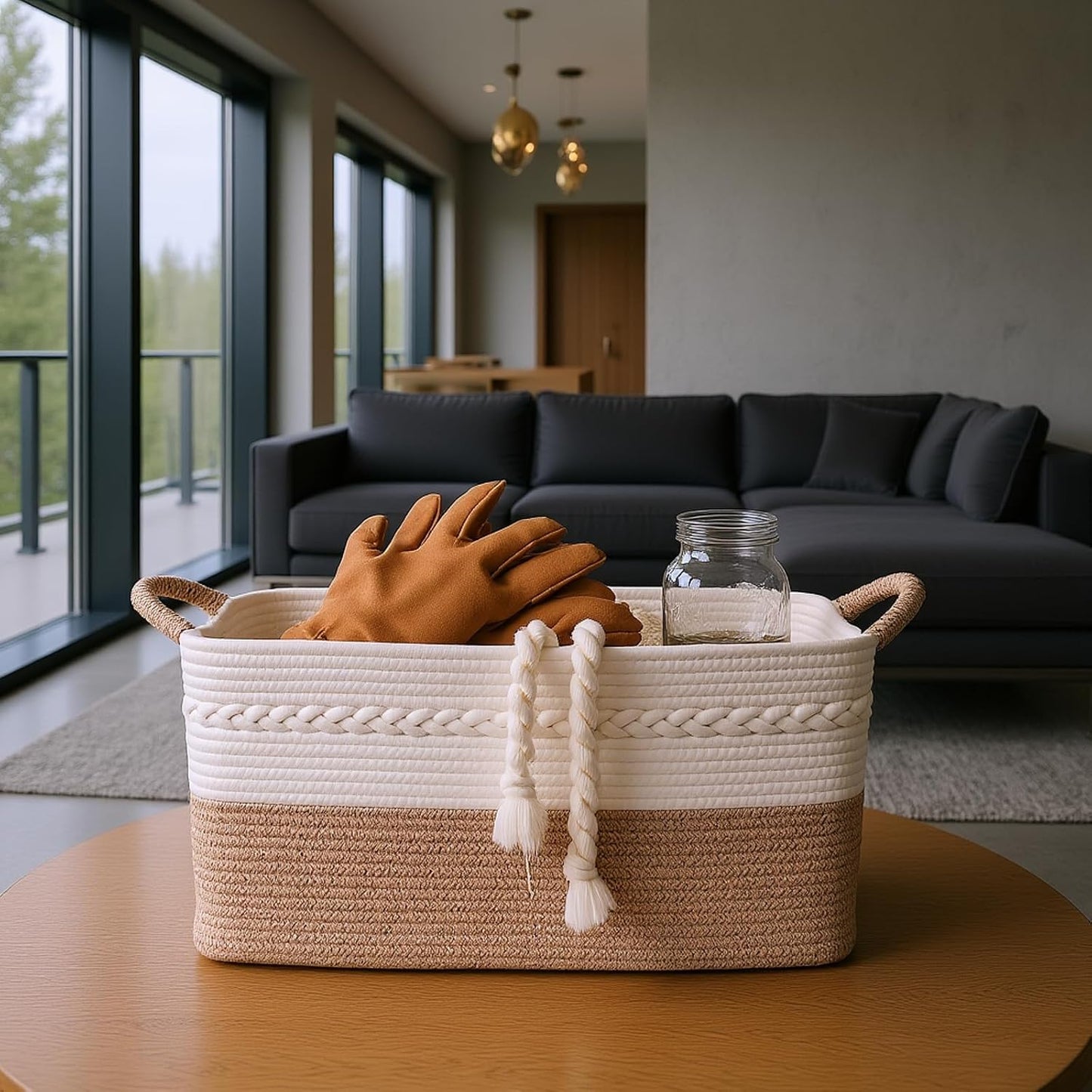 Decorative laundry basket with handles woven from natural cotton rope storage blankets for living room cute boho quilted gift baskets for clothes pillows toys 20"x14"x10",white/brown