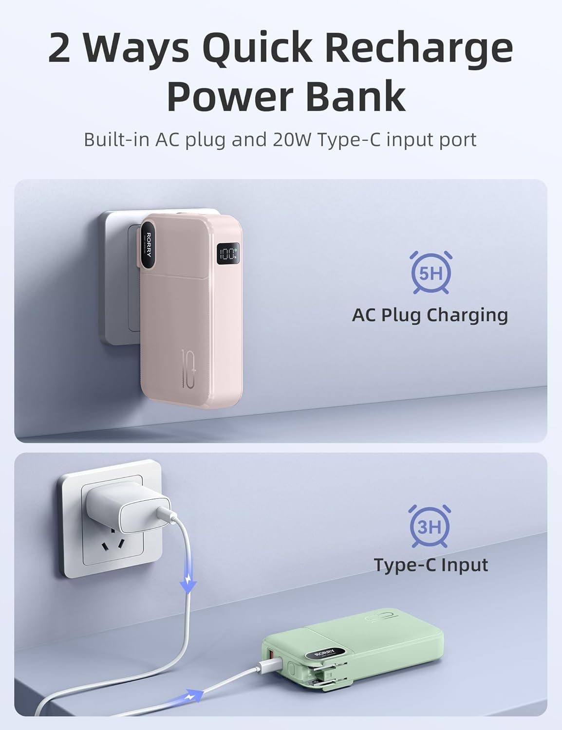 RORRY Portable Charger Built in Cables, AC Wall Plug in Portable Charger Power Bank 10000mAh Travel Battery Pack 22.5W Fast Charging for iPhone 17/16/15 Samsung Galaxy S25/S24/S23 Pixel LG iPad, Pink