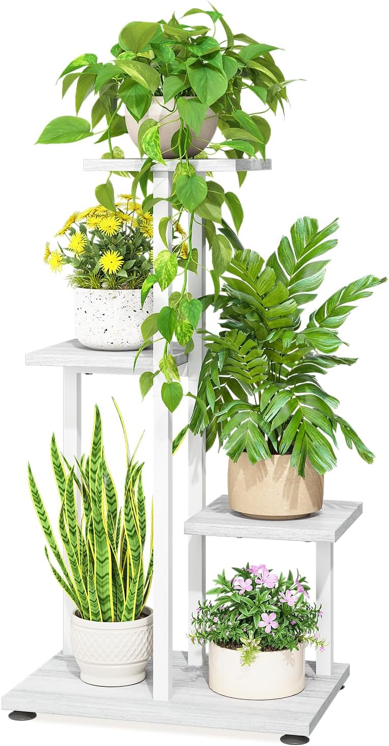 LASZOLA Wood Plant Stand Flower Holder Tall for Indoor Corner, 5 Tier White