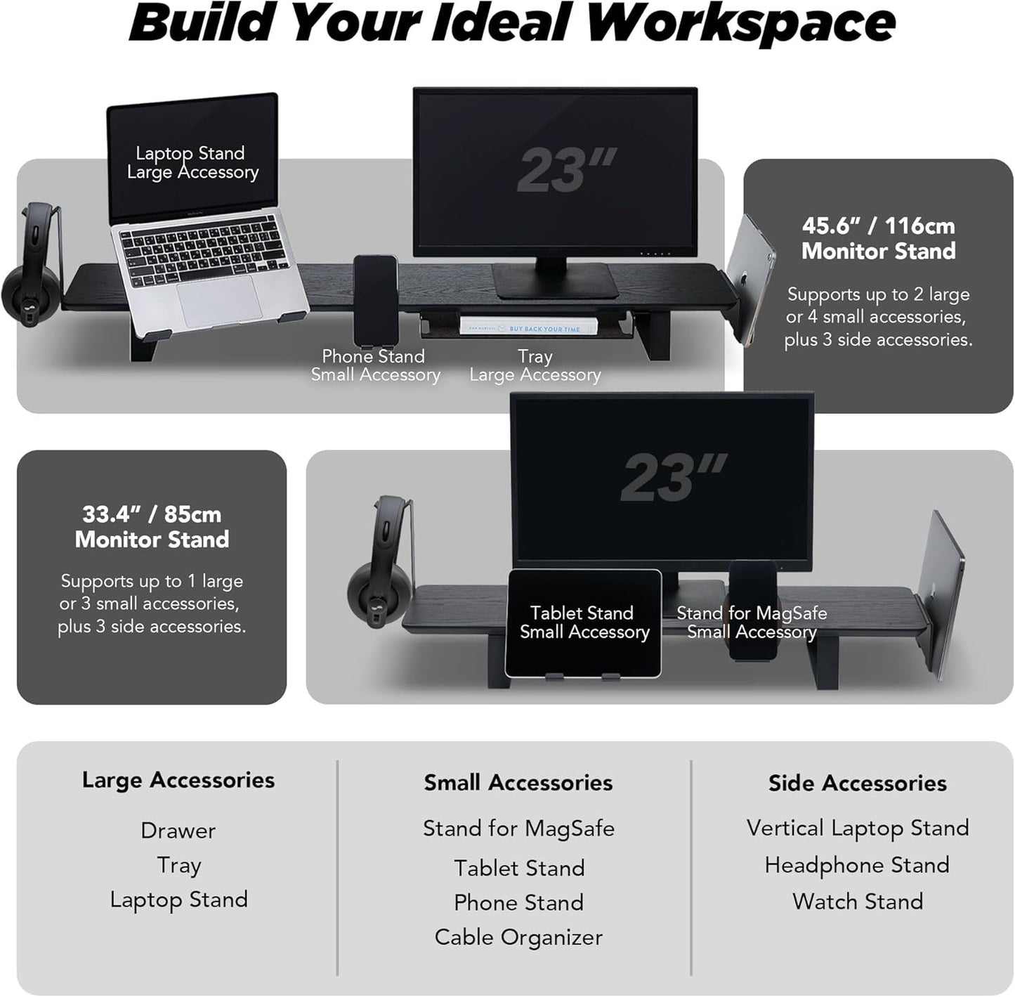 ULTRARM Moodular Wooden Monitor Stand 45.6” (116cm) Large Desk Organizer with Metal Slide Rails for Drawer, Tray, Laptop, Tablet, Phone & Headphones Customizable Riser for Organized Workspace Oak