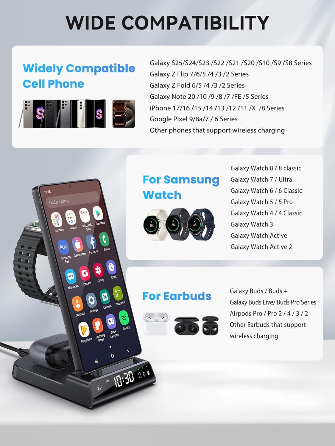 Wireless Charger for Samsung Charging Station with Clock for Samsung Galaxy S25 Ultra/S24 Ultra/Z Flip 7/Fold 6/Bud, 3 in 1 Android Charging Station, Watch Charger for Samsung Galaxy Watch 8/7/6/5Pro