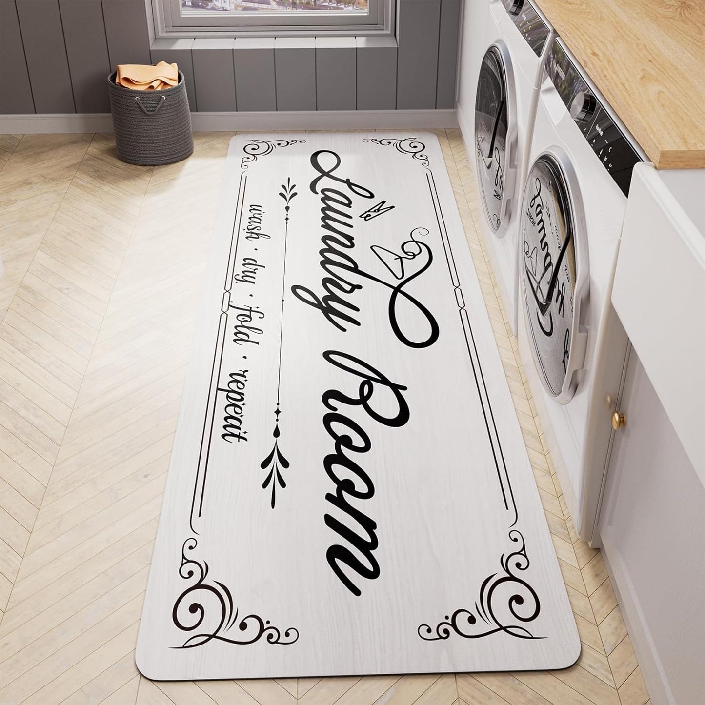 Non-Slip Laundry Room Rug Runner 17.3"x47.2" Washable White Farmhouse Bathroom Mudroom Kitchen Mat for Entryway Washer and Dryer Carpet Decor Accessories