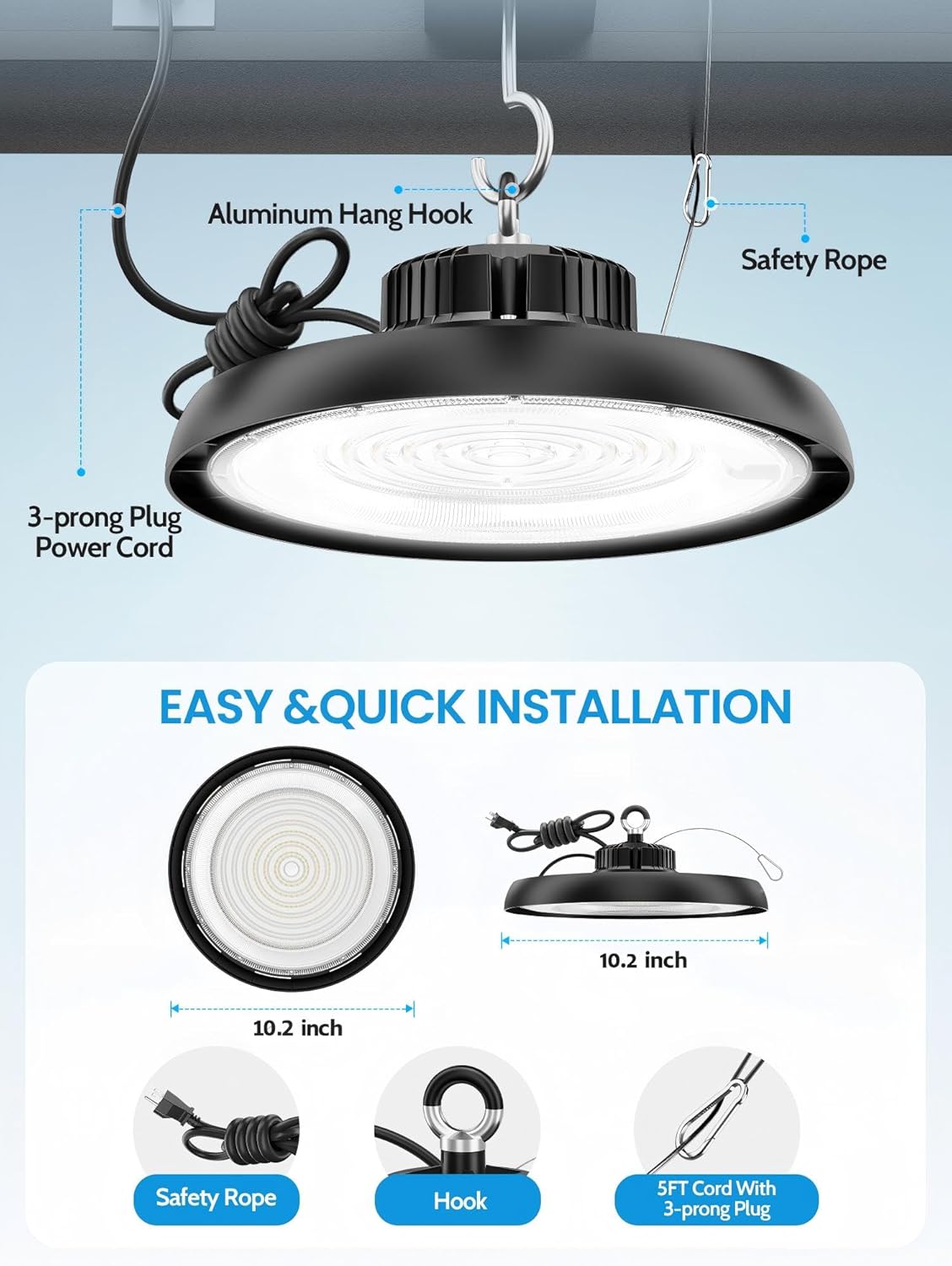 12Pack 150W Super Bright 22500LM UFO LED High Bay Light AC100-277V 5000K High Bay LED Shop Lights with Hook 5'Cable & US Plug for Warehouse Workshop Garage