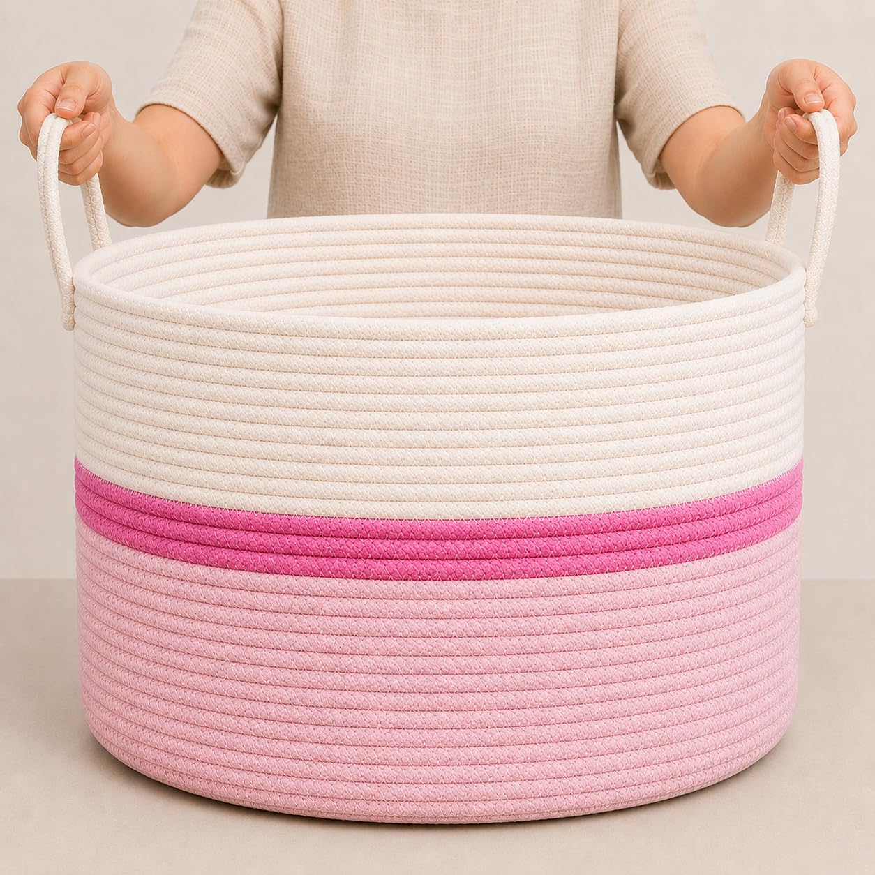 OrganiHaus Round Toy Basket & Blanket Basket, Cotton Rope 20x13" | Striped Pink - Round Cotton Rope Basket, 20x13"