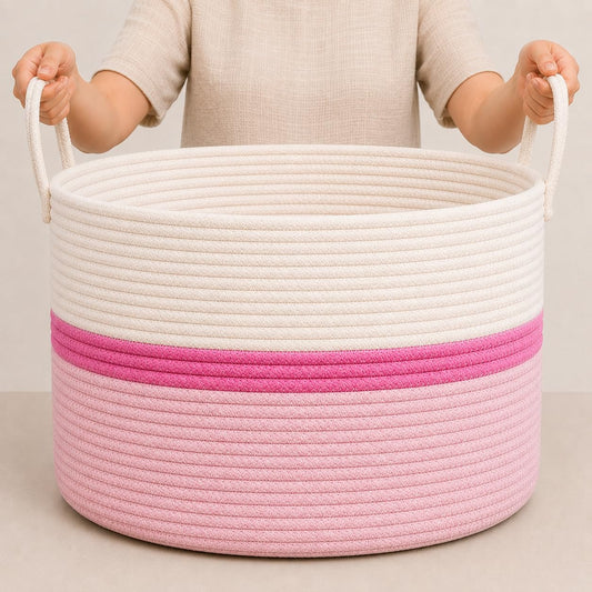 OrganiHaus Round Toy Basket & Blanket Basket, Cotton Rope 20x13" | Striped Pink - Round Cotton Rope Basket, 20x13"
