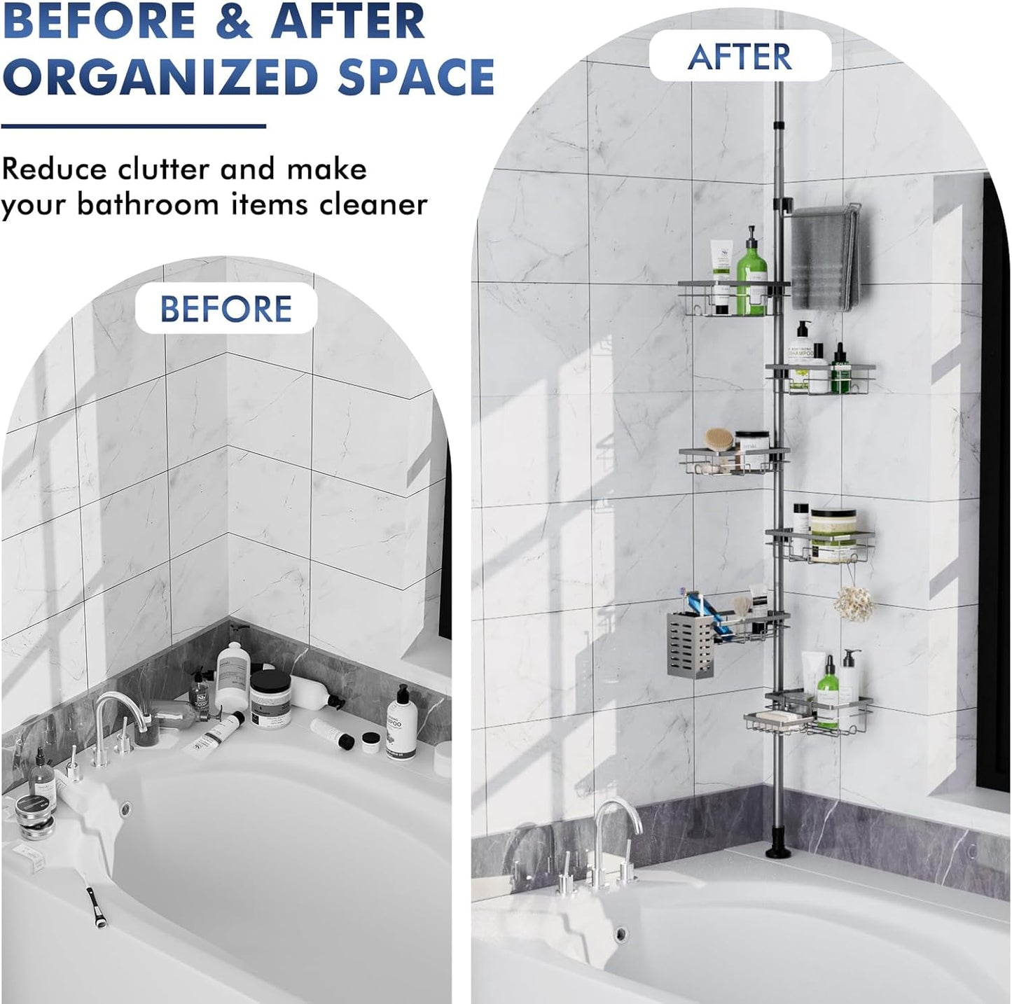 Vatex Corner Shower Caddy Tension Pole,30-120 Inch Adjustable Shower Organizer, 6-Tier Shower Shelves with Towel Rack/Toothbrush Holder/Soap Dish, Bathroom Corner Storage Rust-Resistant