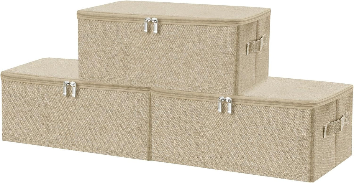 ANMINY Fabric Storage Bins with Zipper Lids, 15"x10"x6", Beige, 3 PCS