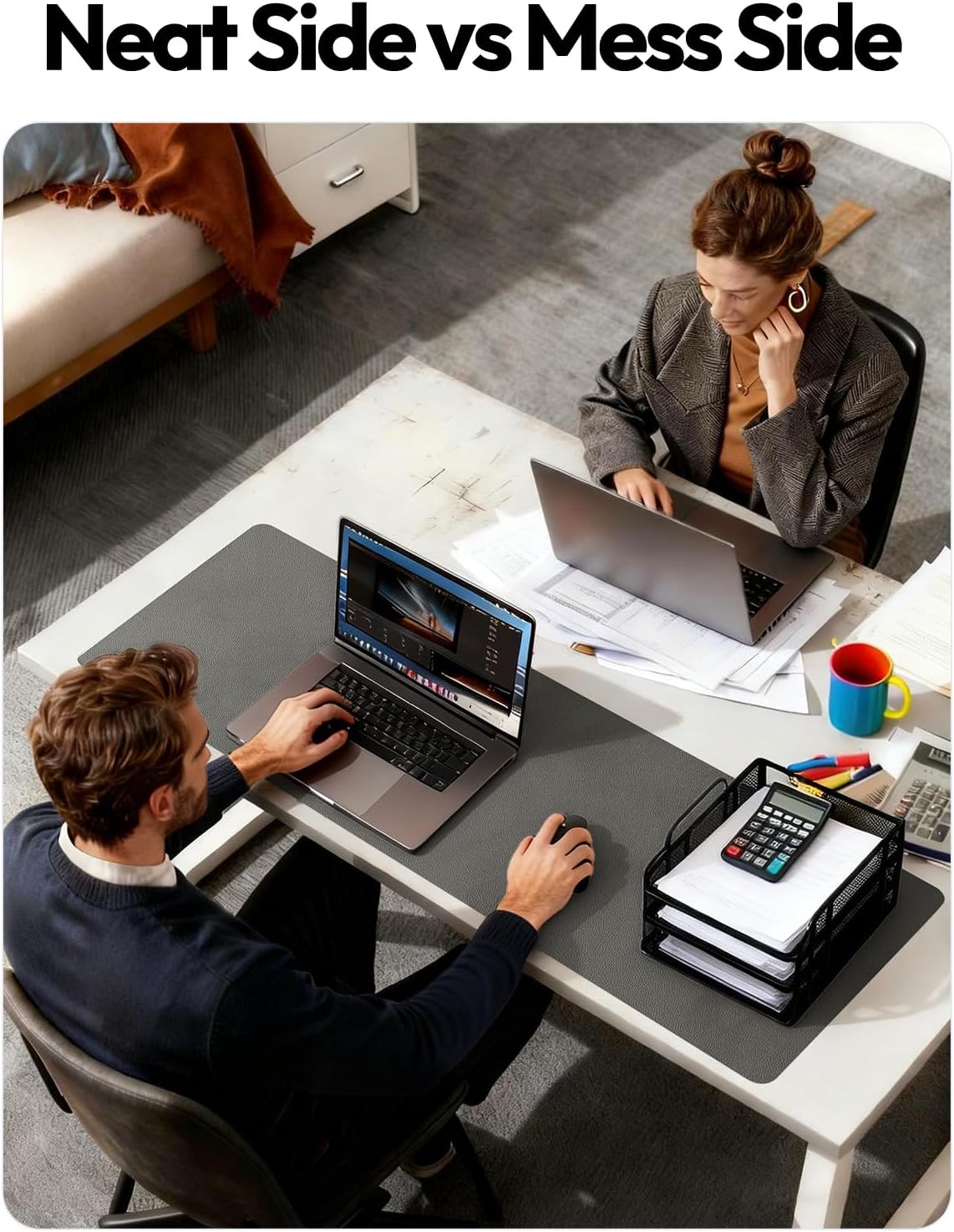 YSAGi Leather Desk Protector, Office Mat, Large Mouse Mat, Non-Slip PU Leather Blotter, Laptop Desk Pad, Waterproof Writing Pad for Office and Home (Dark Grey, 35.4" x 17")