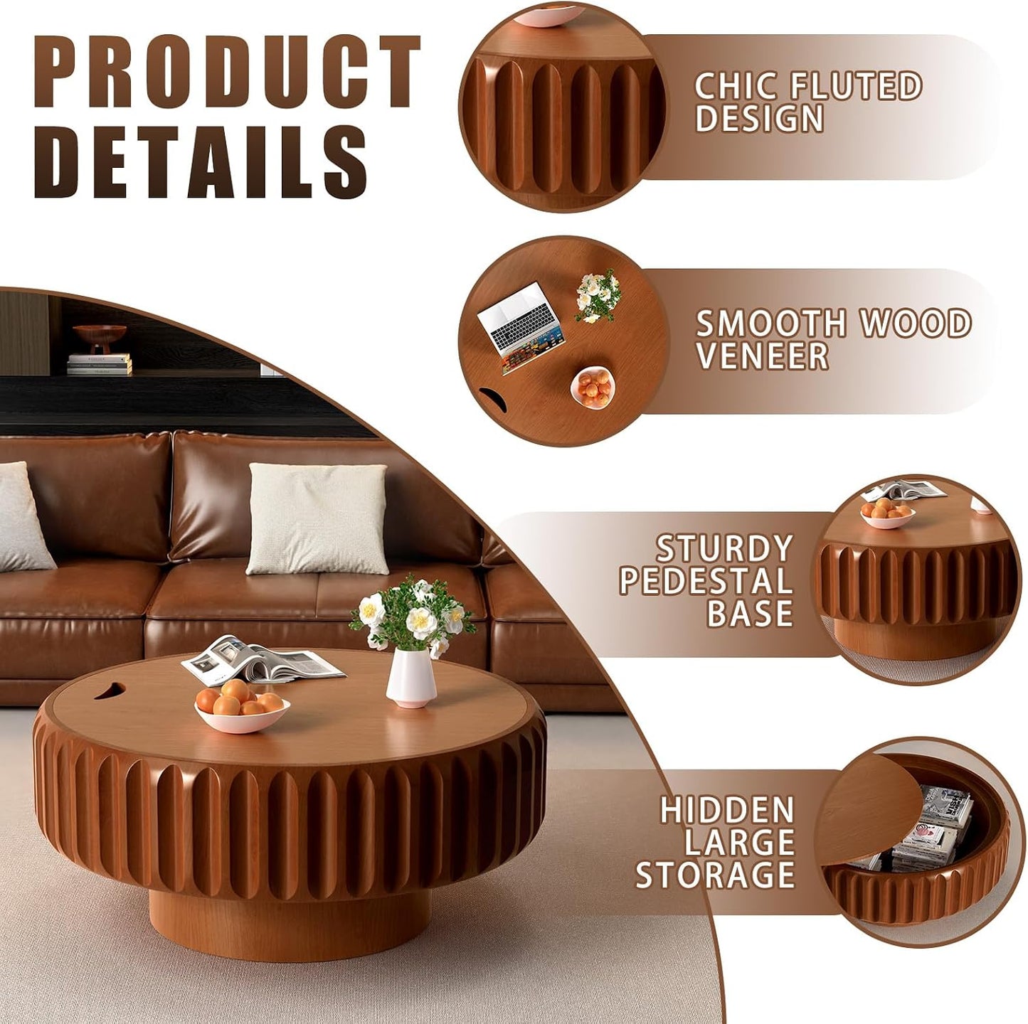 Storage Fluted Drum Coffee Table (A Brown 31.5 in) | Mid Century Wood Drum Shaped Table with Storage Compartment, Removable Lid for Living Room Bedroom, Stylish Retro Furniture