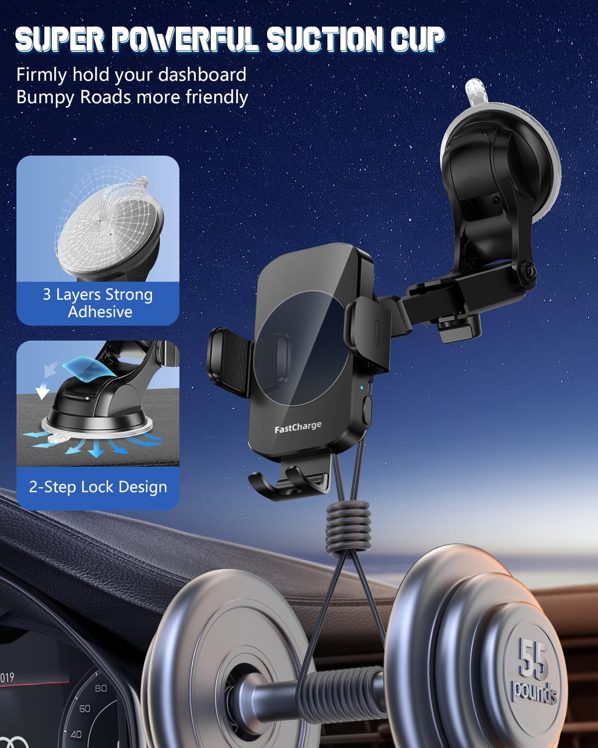 BothLin 3-in-1 Wireless Car Charger Mount, 15W Fast Charging Auto-Clamping Phone Holder for iPhone 17 16 15 14, Samsung Galaxy S24 S23, Dashboard, Vent & Windshield Car Mount(Black)