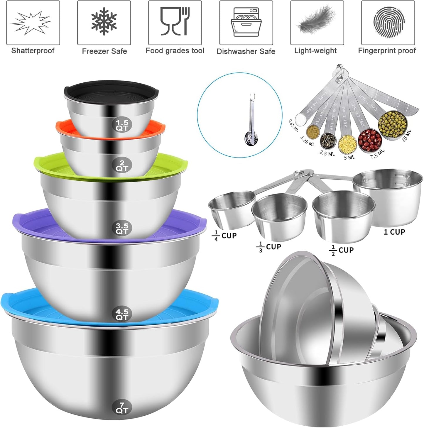 WEPSEN Mixing Bowls with Lid Set, 25PCS Kitchen Utensils Metal Bowl Stainless Steel Nesting Bowls, Measuring Cups and Spoons, Egg Whisk for Baking Prepping Cooking Serving Supplies