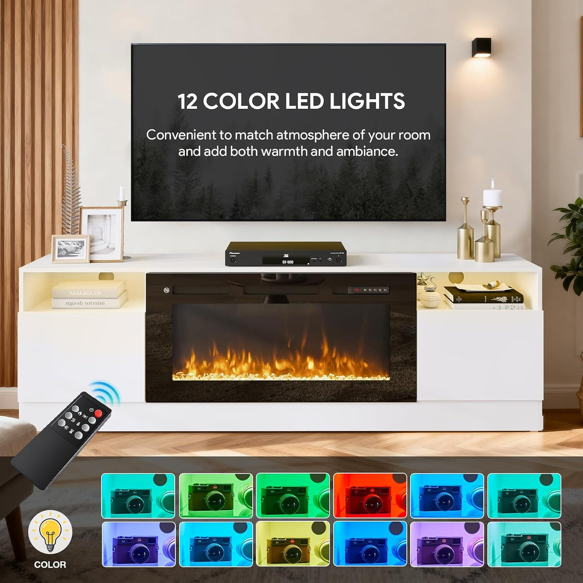 70" TV Stand with 36" Electric Fireplace, Large Modern Media Entertainment Center with Storage Cabinet and 12 Colors LED Lights for TVs Up to 80",White and Black
