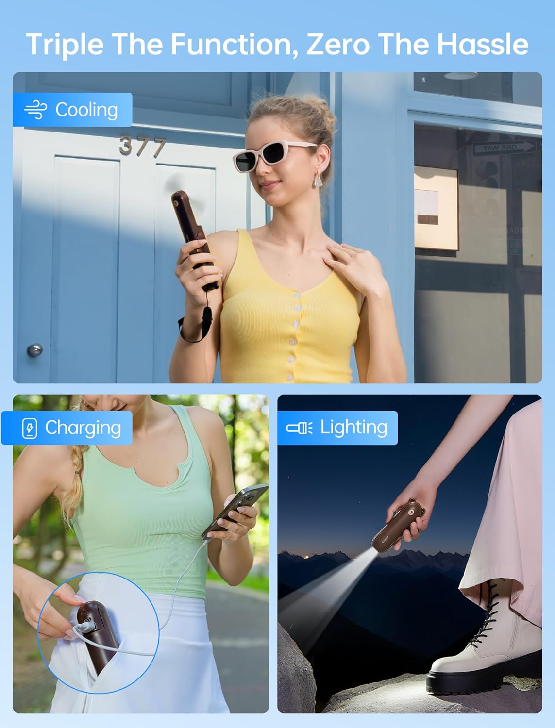 JISULIFE 3 IN 1 Handheld Mini Fan - Portable Fan & Power Bank & Flashlight, 19H Max Cooling, USB Rechargeable, Pocket-Sized for Travel, Cruise, Concerts, Makeup, 2026 Summer Gifts for Women(Brown)