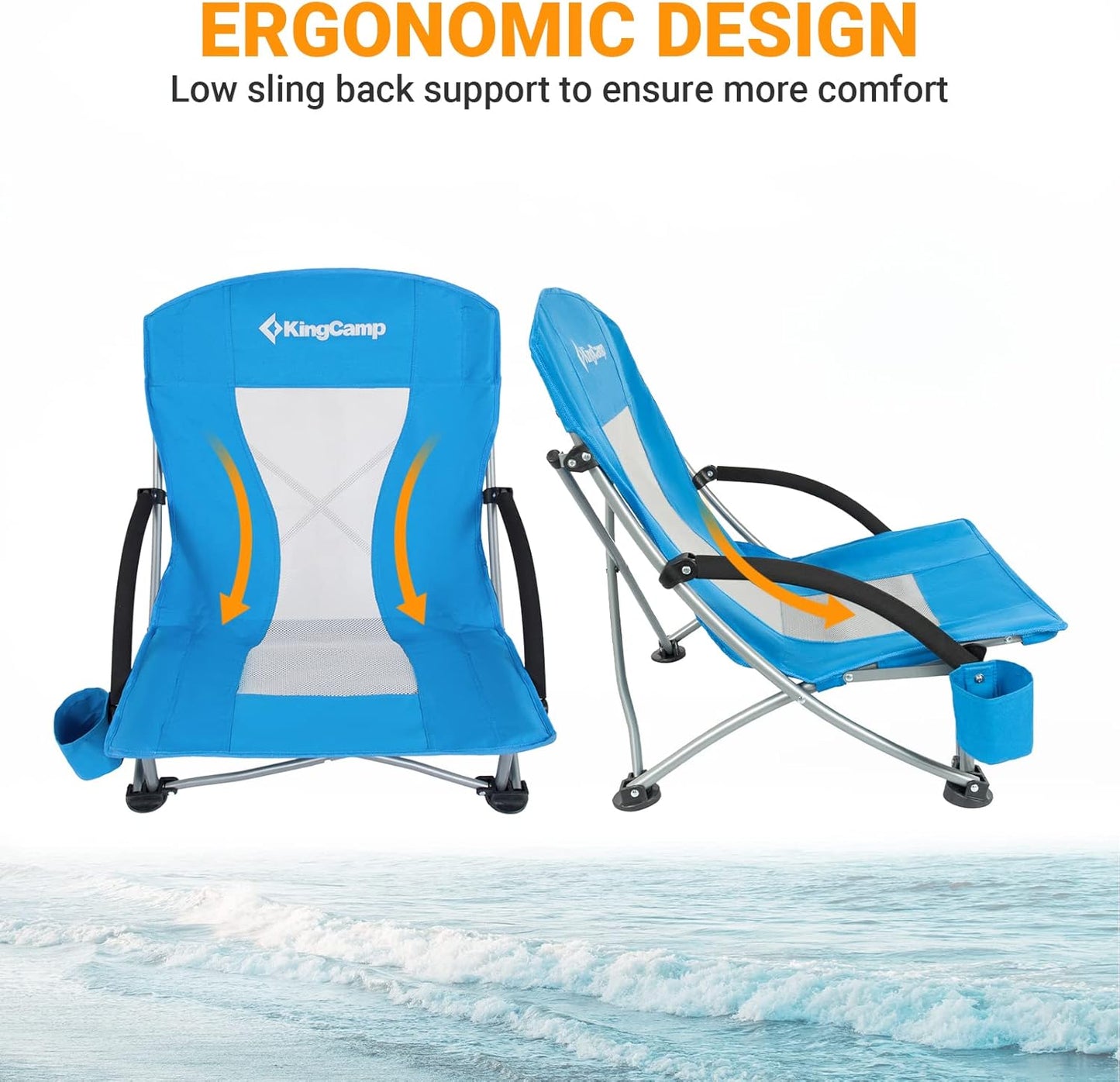 KingCamp Low Beach Chair, High Back Folding Camping Chair for Adults, Oversized Breathable Mesh Seat, 300lbs Heavy Duty Portable Chair with Cup Holder & Storage Pockets for Beach, Outdoor