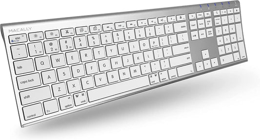 Macally Wireless Bluetooth Keyboard for Mac - Compatible Apple Keyboard or MacBook Pro/Air, iMac - Multi-Device, Up to 3 Devices with 110 Keys, 20 Shortcuts, Numeric Keypad, and Rechargeable - Silver