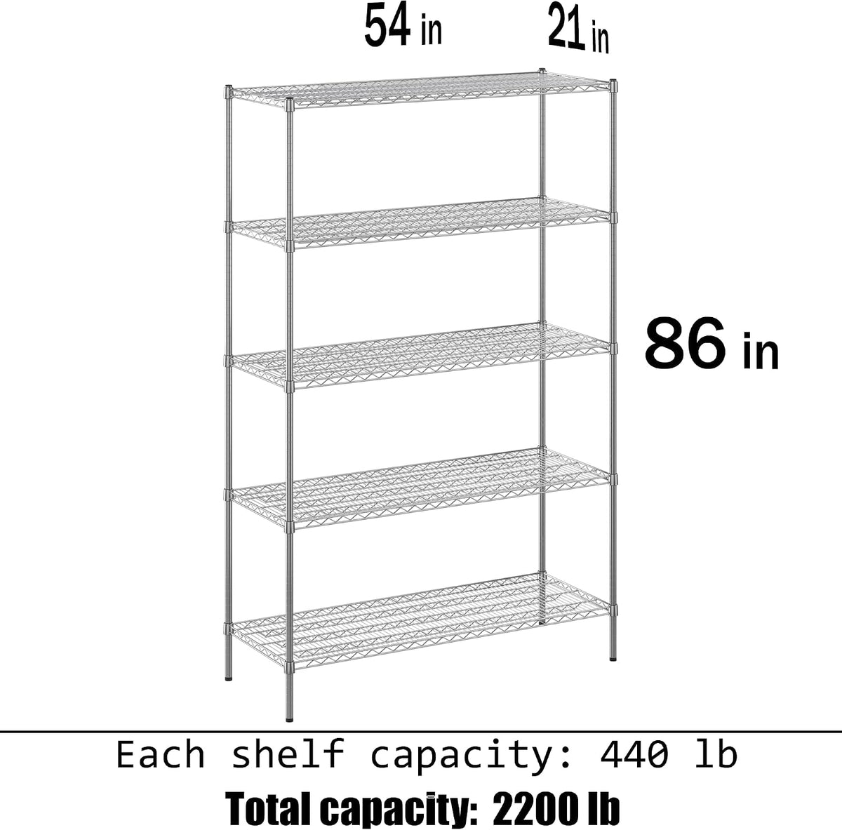 21" Deep x 54" Wide x 86" Height Wire Shelving Kit | 5-Tier | NSF Commercial Storage Rack Unit