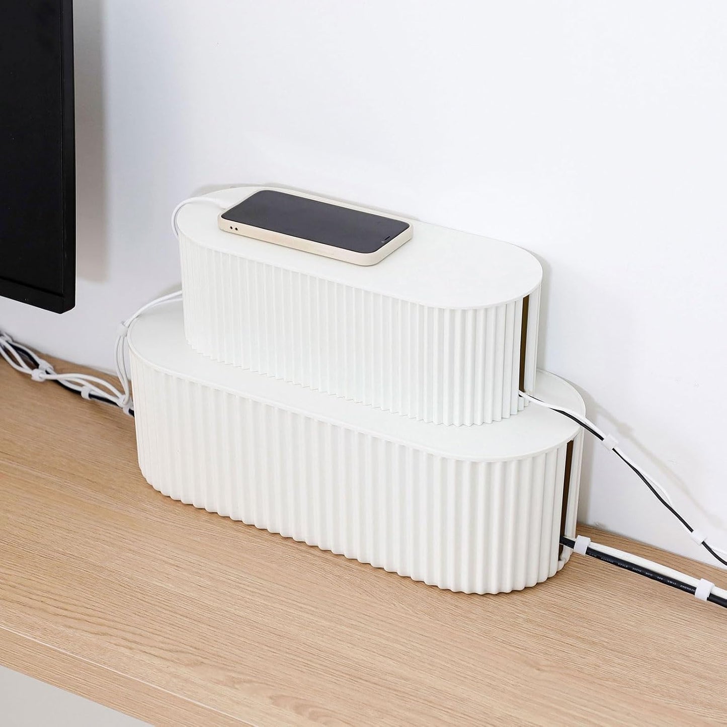 White Cable Management Box with Lid, Large, Plastic | Cable Box Organizer, For Wire, Power Strip, Surge Protector, Extension Cords Hider Cover, For Home Office, Desk and Floor