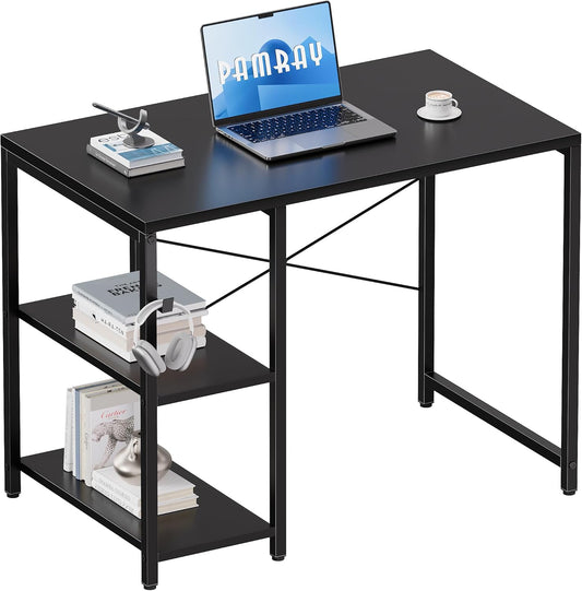 Pamray 32 Inch Small Computer Desk with Shelves, Home Office Desk with Headphone Hook for Bedroom, Study Writing PC Table for Small Spaces, Black
