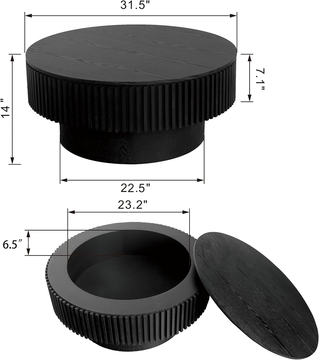 31.5" Round Coffee Table with Hidden Storage Compartment, Modern Handcraft Fluted Drum Coffee Table, Wooden Circle Center Table Cocktail Tea Table with Sturdy Pedestal for Living Room, Black