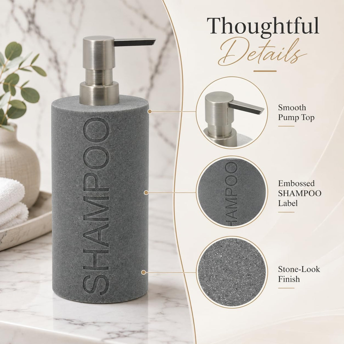 Resin Neutral Gray Sandstone Shampoo Engraved Bottle Refillable Pump Dispenser, Durable Waterproof Resin Construction for Bath, Shower - Gray Sandstone Satin Nickel Pump