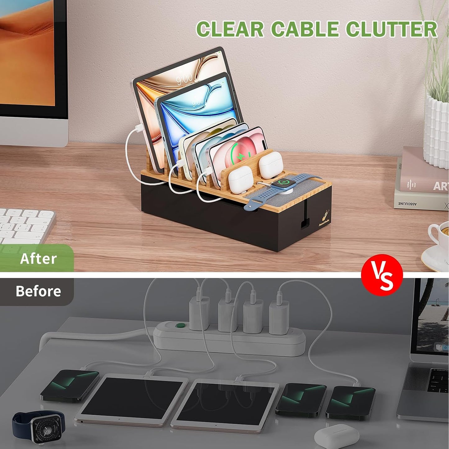Pezin & Hulin Docking Station for Multi Devices -Natural + Black | Cable Management Box, with 5 Port Charge Adapter, 6 Cable, Wire Organizer for Cord, Box to Hide Cord and Storage Power Strip