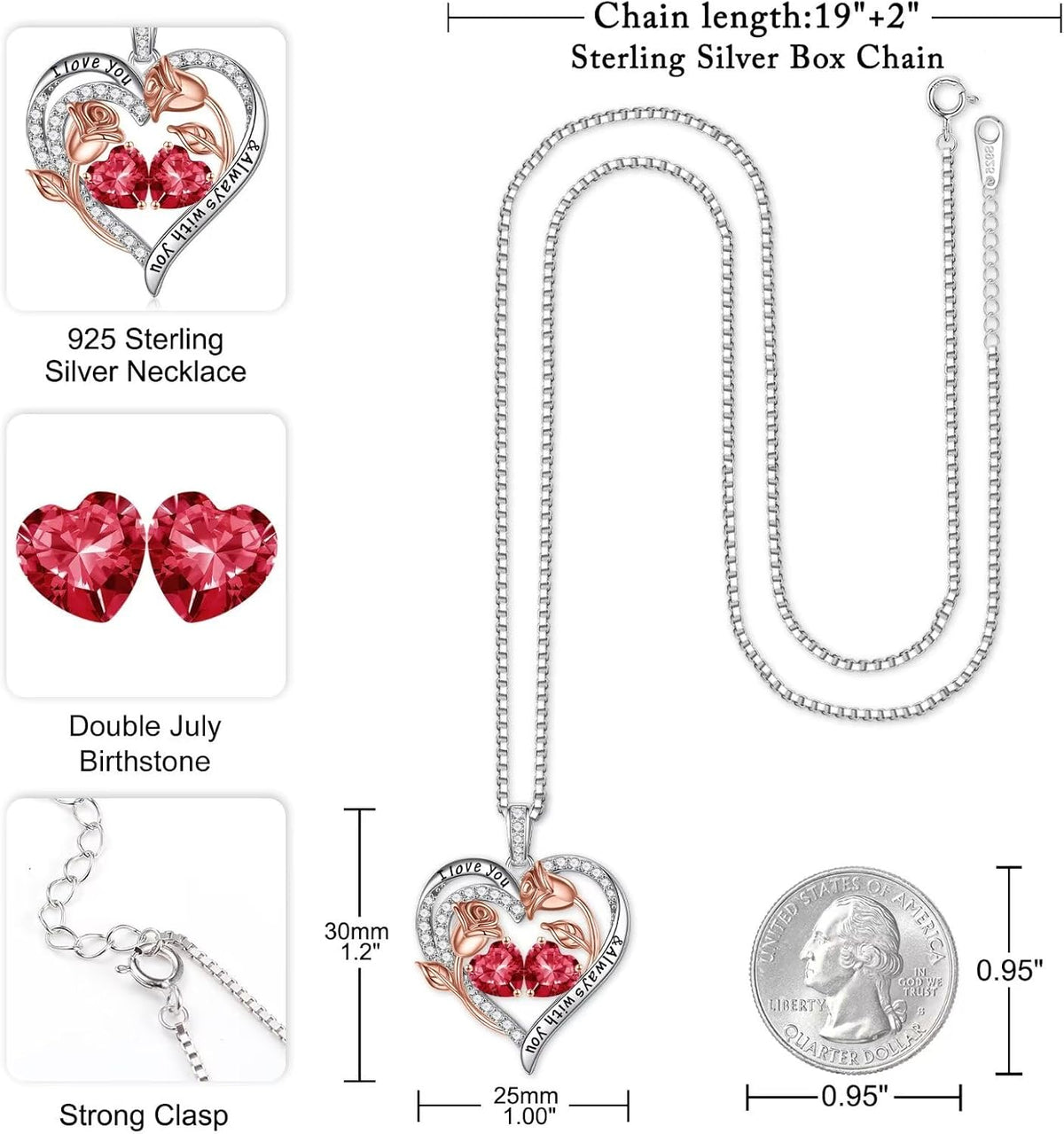 Iefil Birthstone Necklace for Women - Rose Heart Necklace
