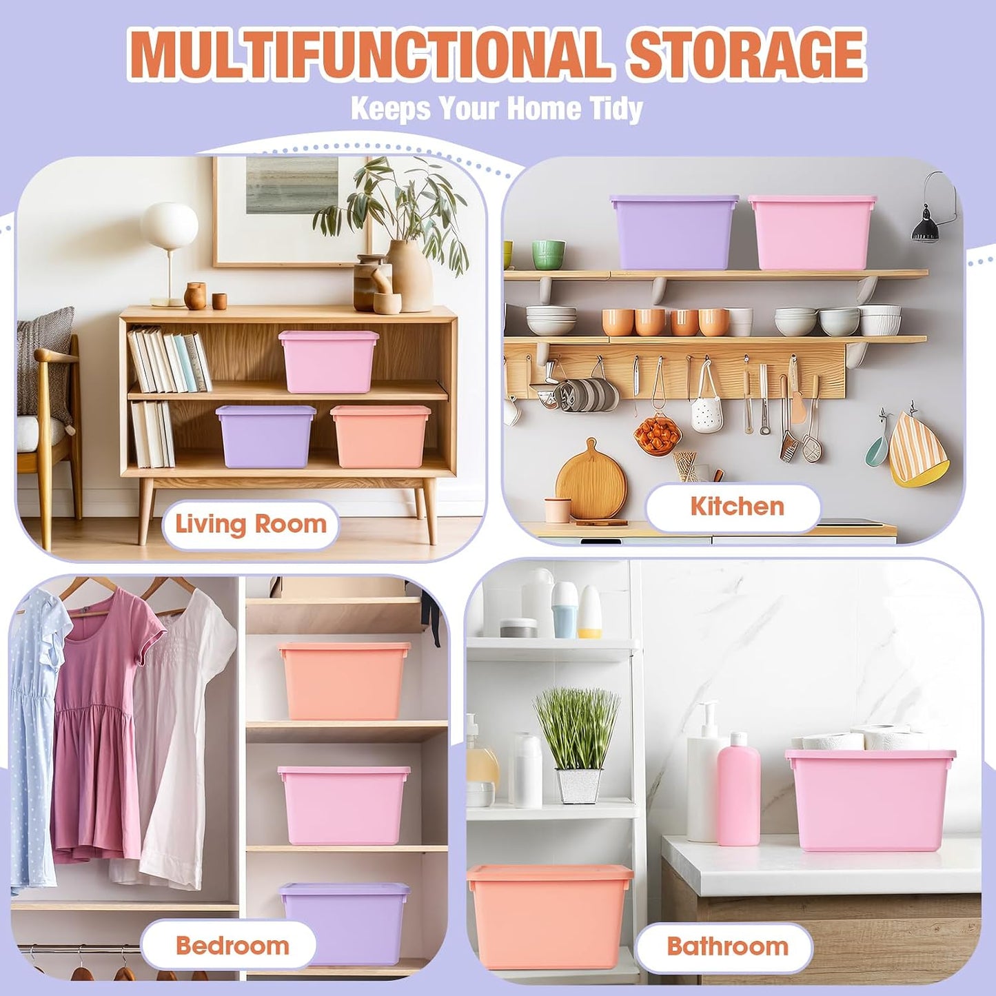 Potchen 6 Pack Small Stackable Storage Bins with Lids Plastic Storage Boxes for Classroom 9.8" ×7.3" ×5.7" Decorative Organizer Bins for Craft Art Office Teacher Supplies (Pink,Purple,Orange)